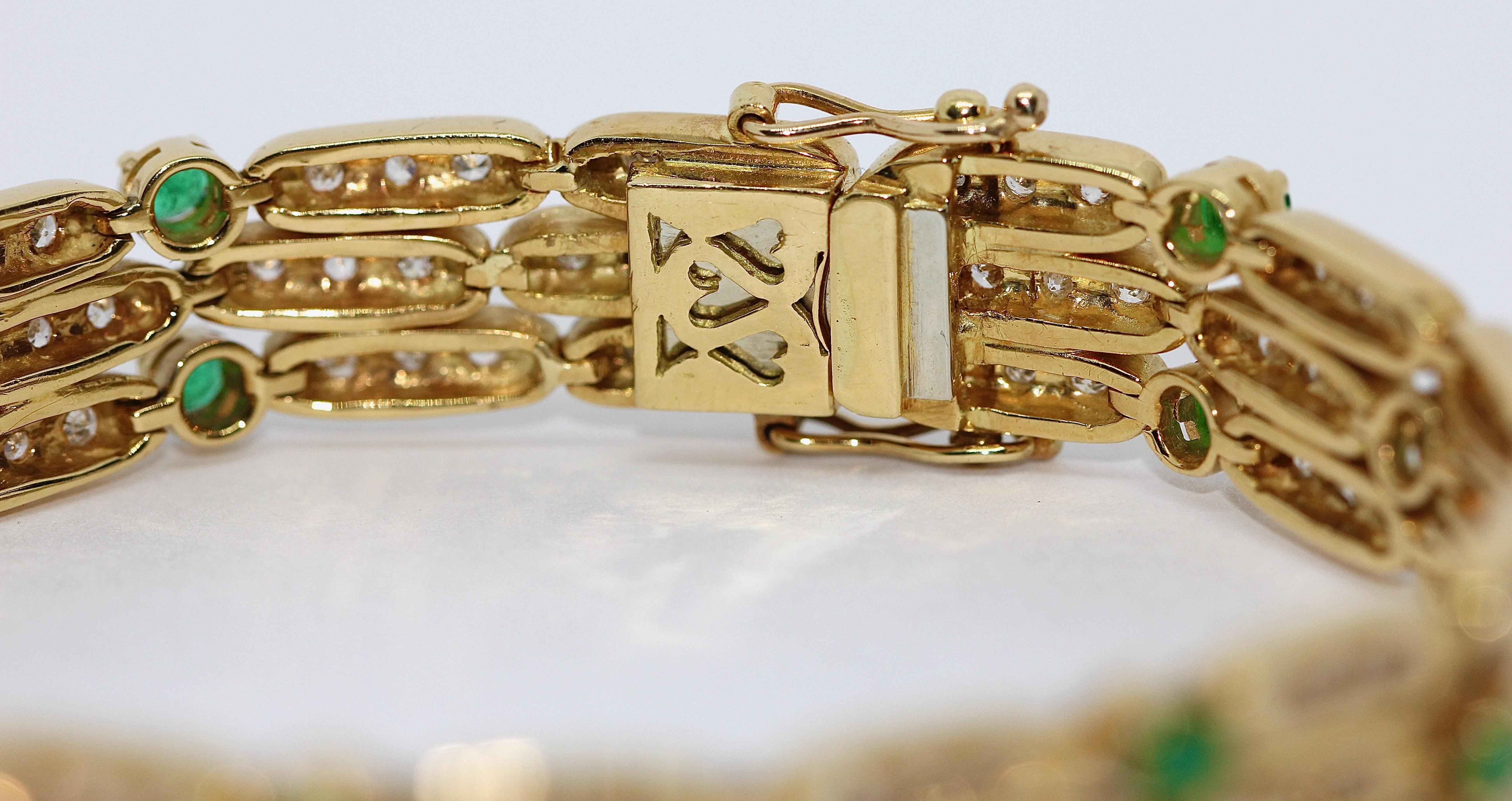Modern Ladies Gold Bracelet, 18 Karat Gold, Set with Diamonds and Emeralds For Sale
