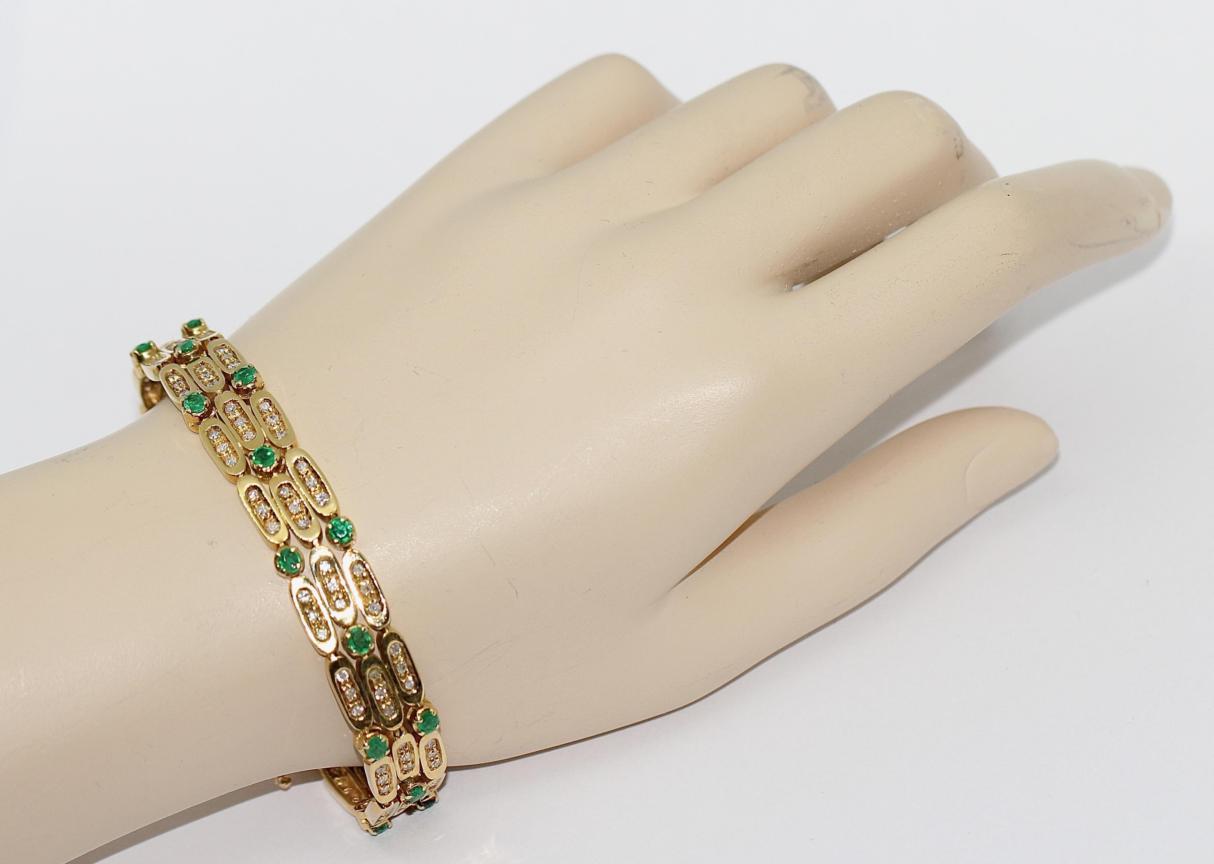 Women's Ladies Gold Bracelet, 18 Karat Gold, Set with Diamonds and Emeralds For Sale