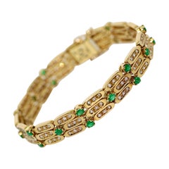 Ladies Gold Bracelet, 18 Karat Gold, Set with Diamonds and Emeralds