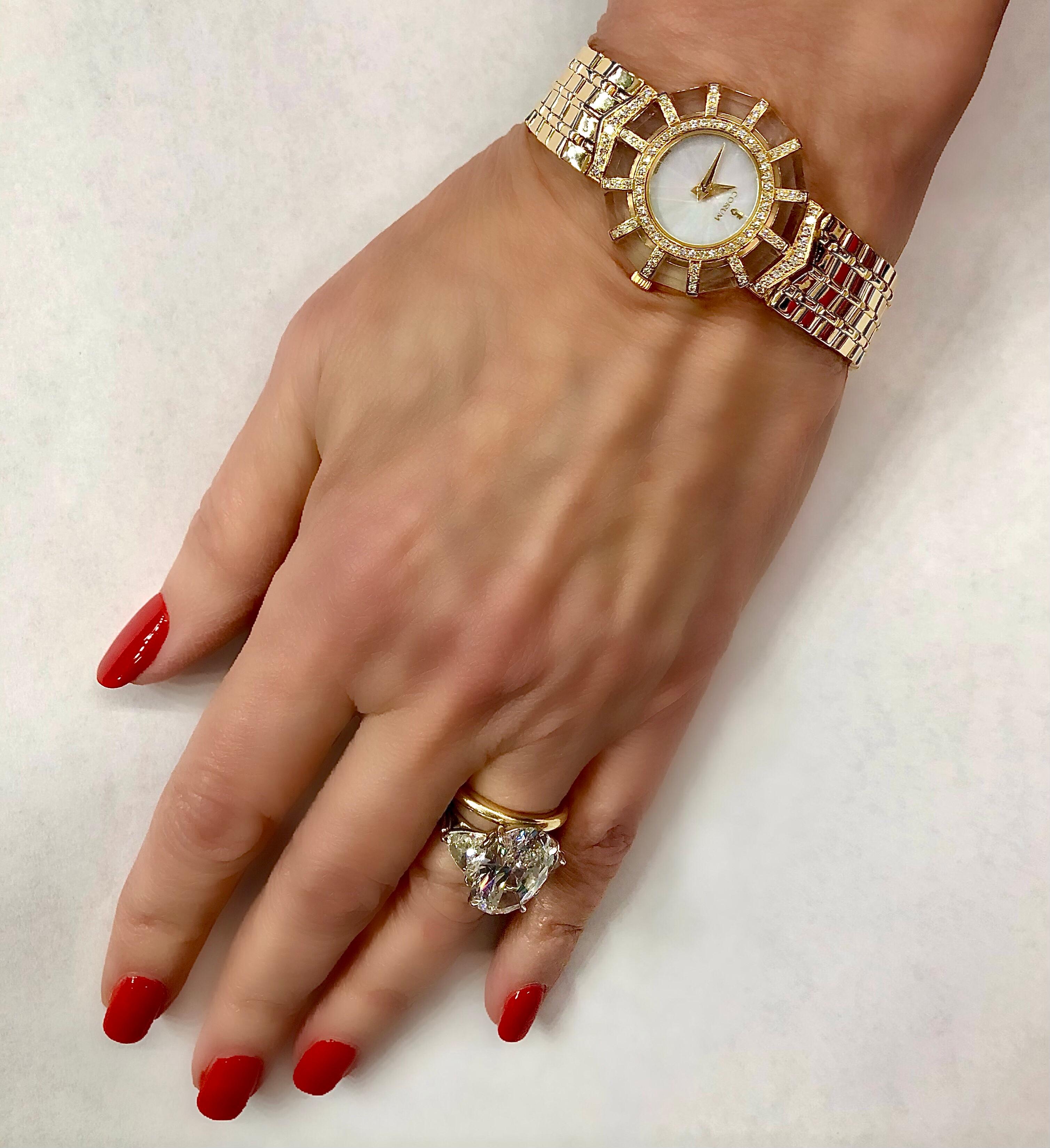 Ladies Gold Corum Watch with Diamond and Crystal Bezel and Mother of Pearl Dial In Good Condition In Palm Beach, FL