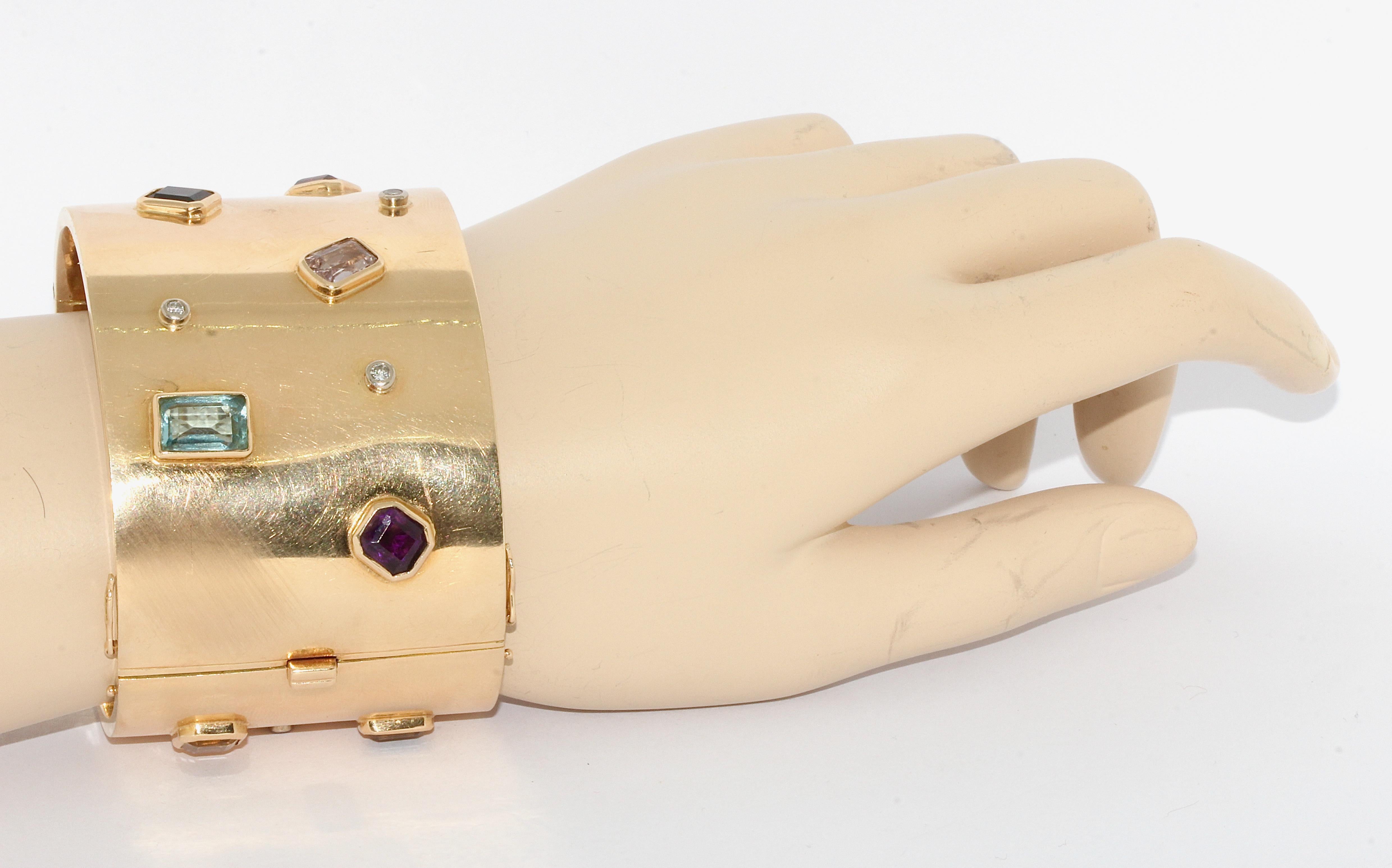 Square Cut Ladies Gold Designer Bangle, Bracelet, Set with Diamonds and Multi Gem Stones For Sale