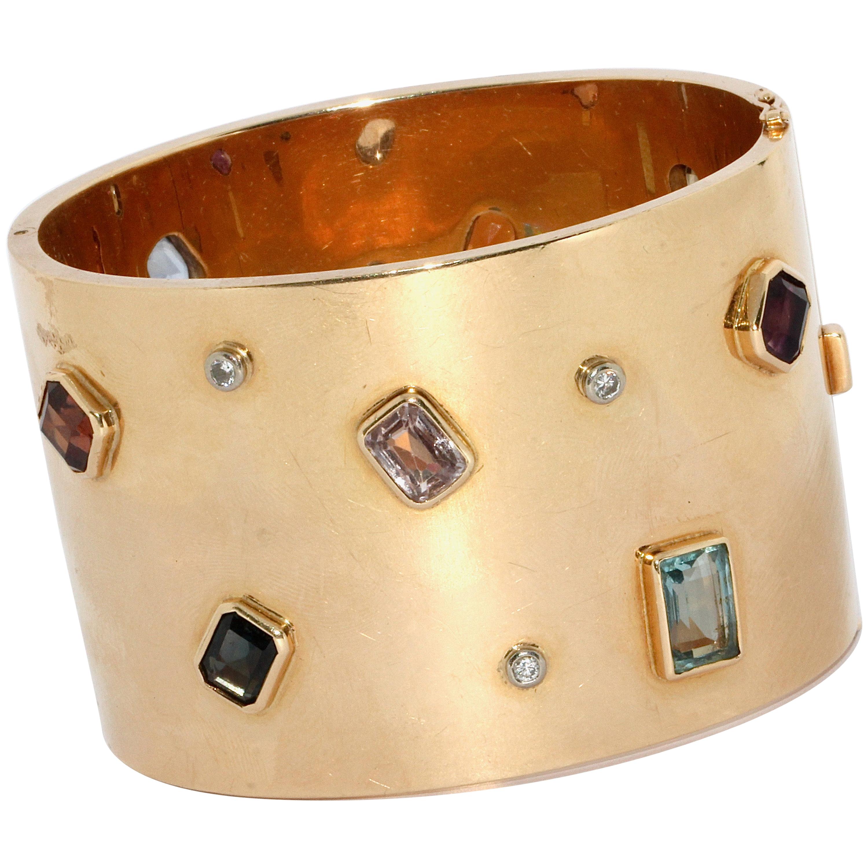 Ladies Gold Designer Bangle, Bracelet, Set with Diamonds and Multi Gem Stones