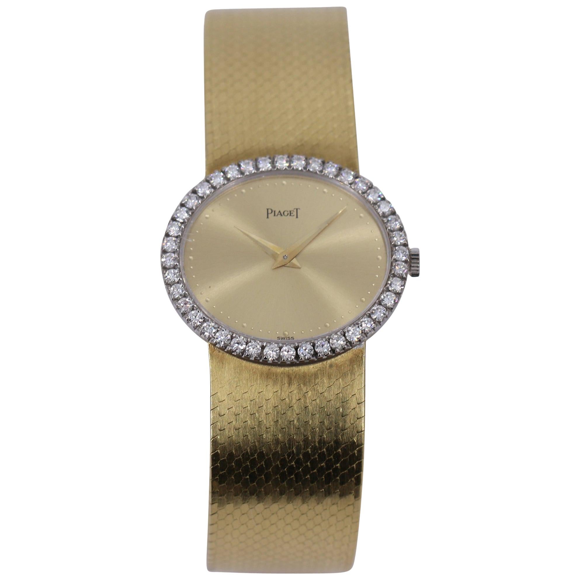 Ladies Gold Piaget Watch with Champagne Dial and Diamond Bezel