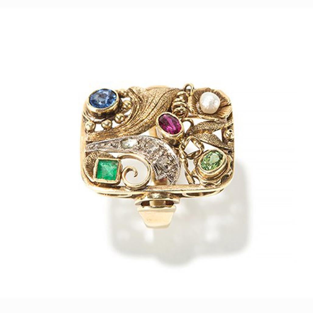 Art Deco Ladies Gold Ring with Different Gemstones, 1920s