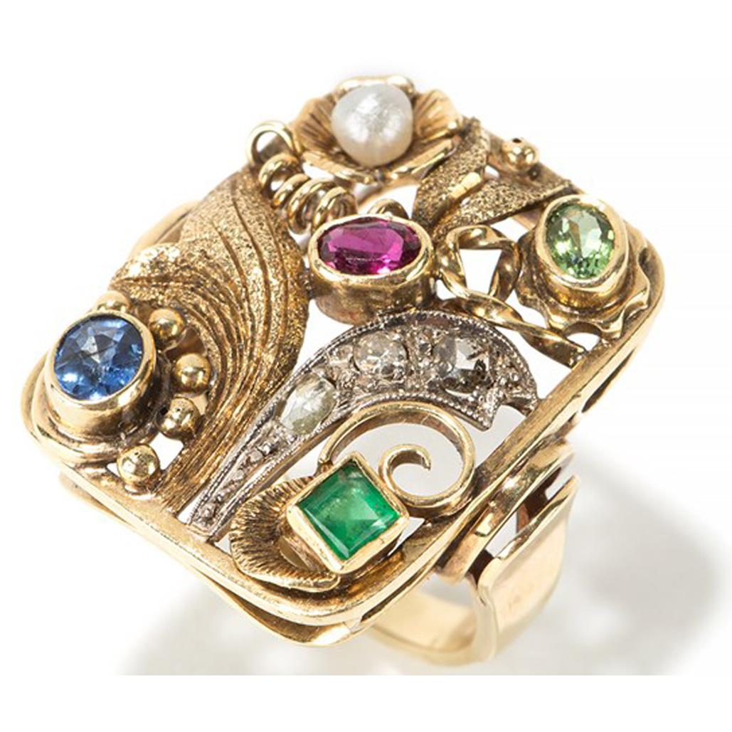 Oval Cut Ladies Gold Ring with Different Gemstones, 1920s