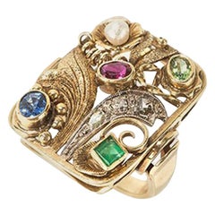 Antique Ladies Gold Ring with Different Gemstones, 1920s