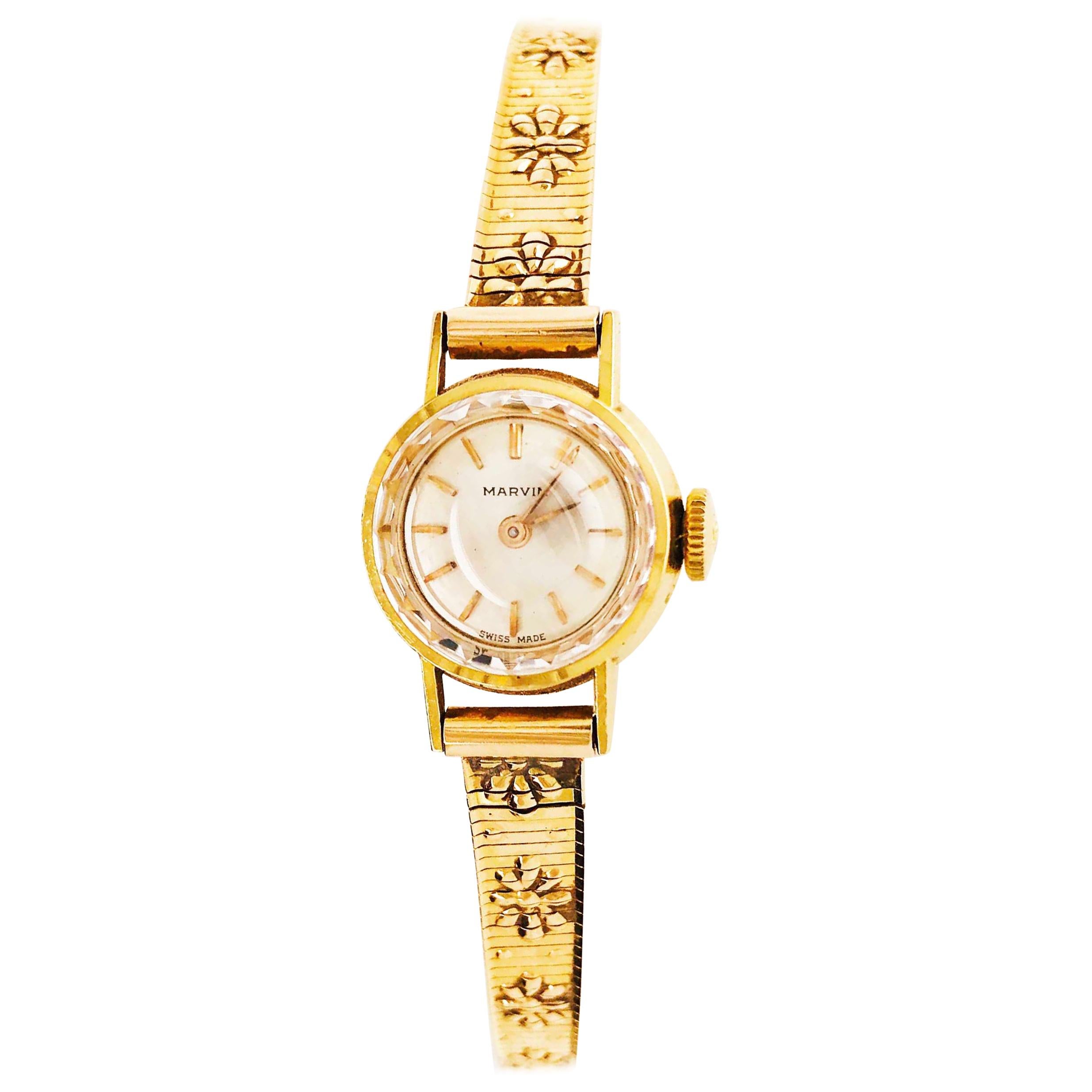 Ladies Gold Watch-Marvin Brand with 14 Karat Gold Case and Band, circa 1955