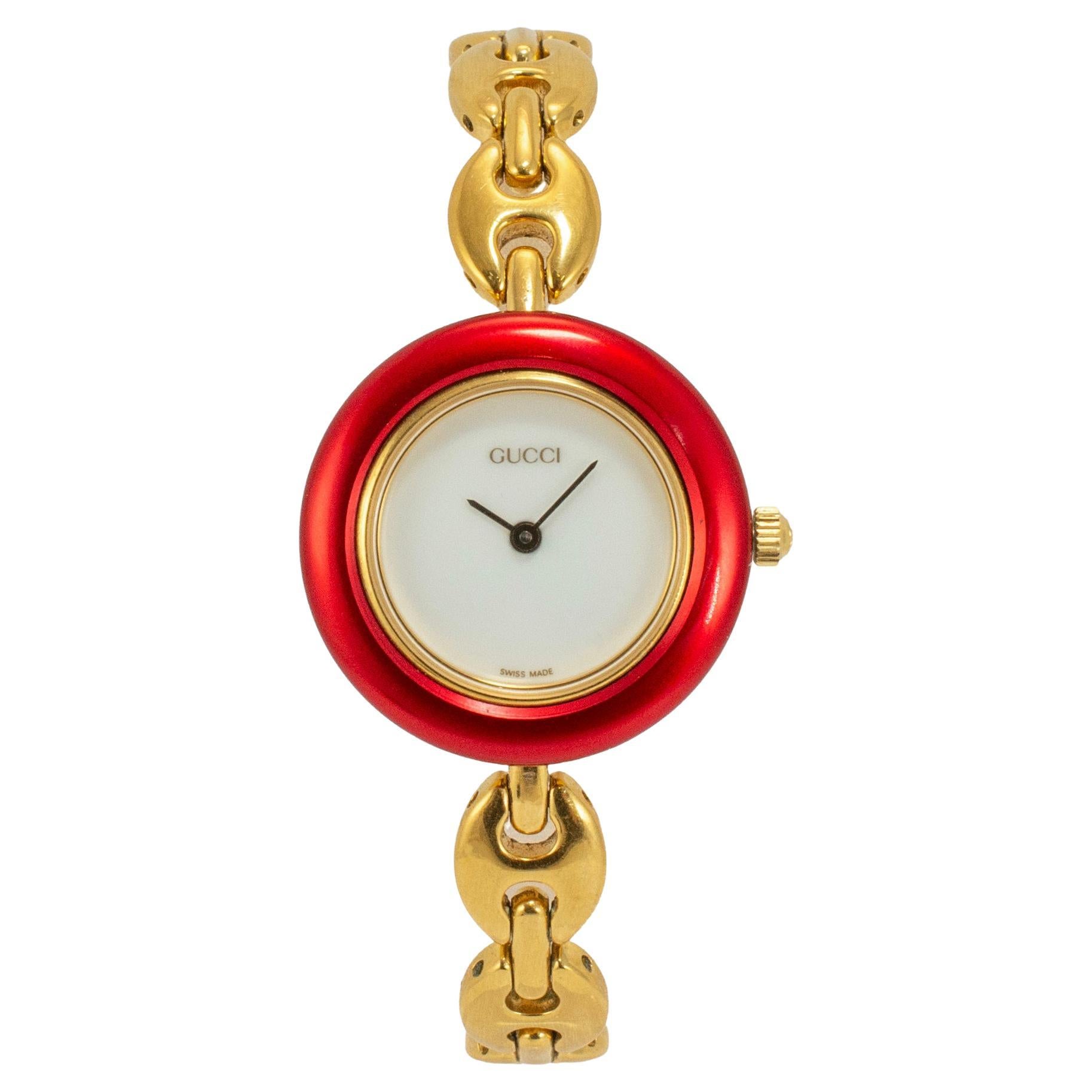 Ladies Gucci Cherry Red Bezel 26MM 11/12.2 Gold-Plated Gucci Puff Quartz Watch For Sale