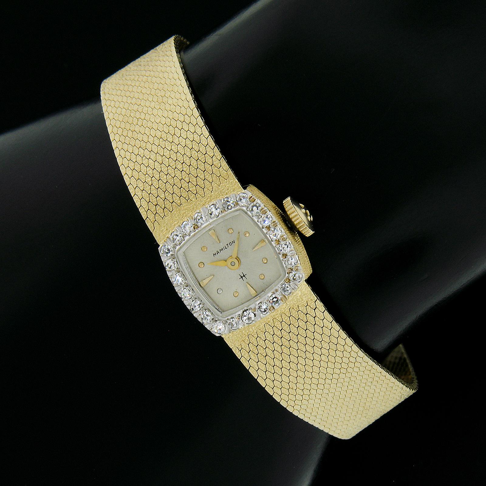 Round Cut Ladies Hamilton 14k Yellow Gold Mechanical Wrist Watch Bracelet w/ Diamond Bezel For Sale