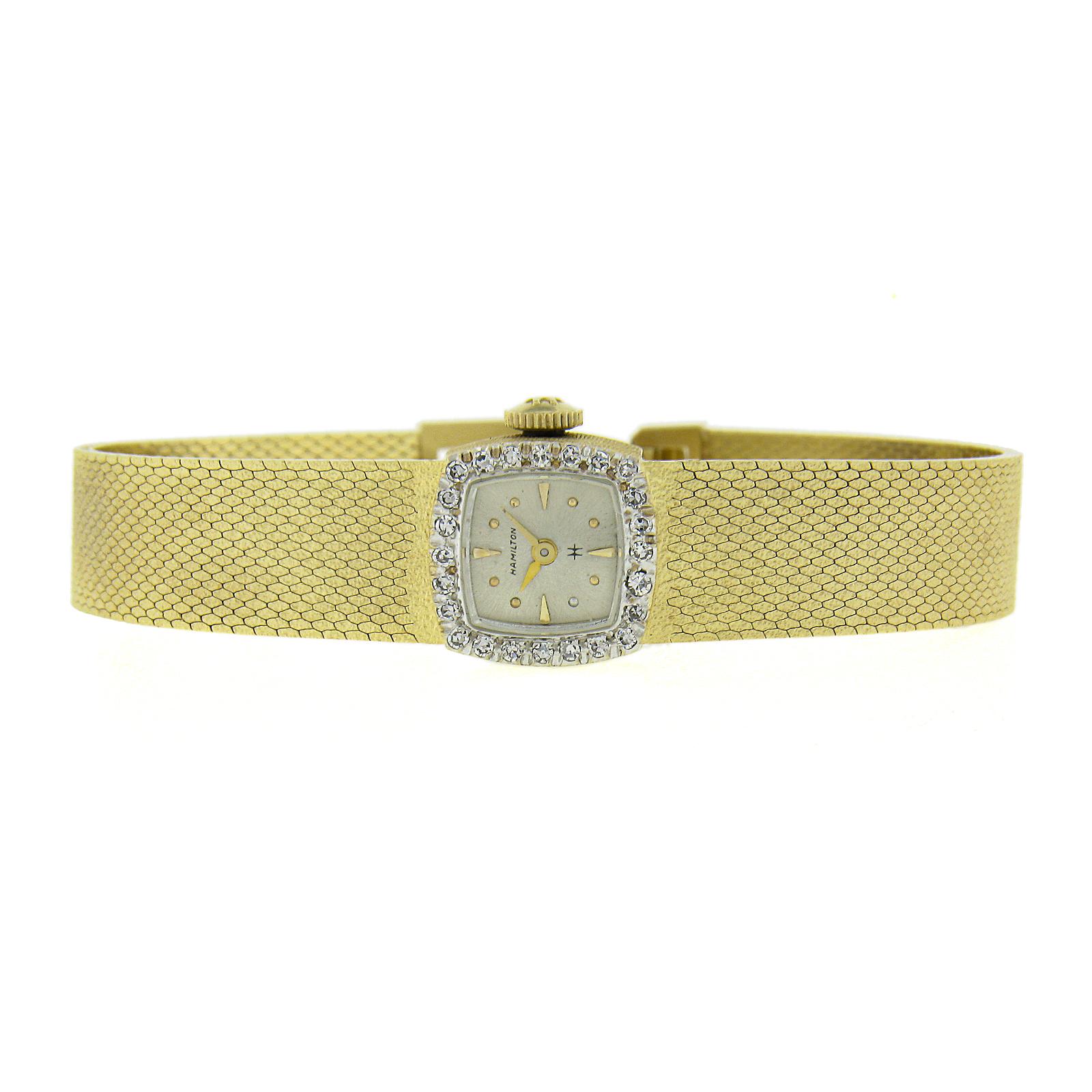 Ladies Hamilton 14k Yellow Gold Mechanical Wrist Watch Bracelet w/ Diamond Bezel In Excellent Condition For Sale In Montclair, NJ