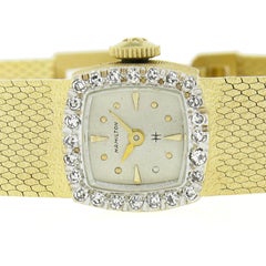 Damen Hamilton 14k Gelbgold Mechanisches Armbanduhrarmband mit Diamant-Lünette