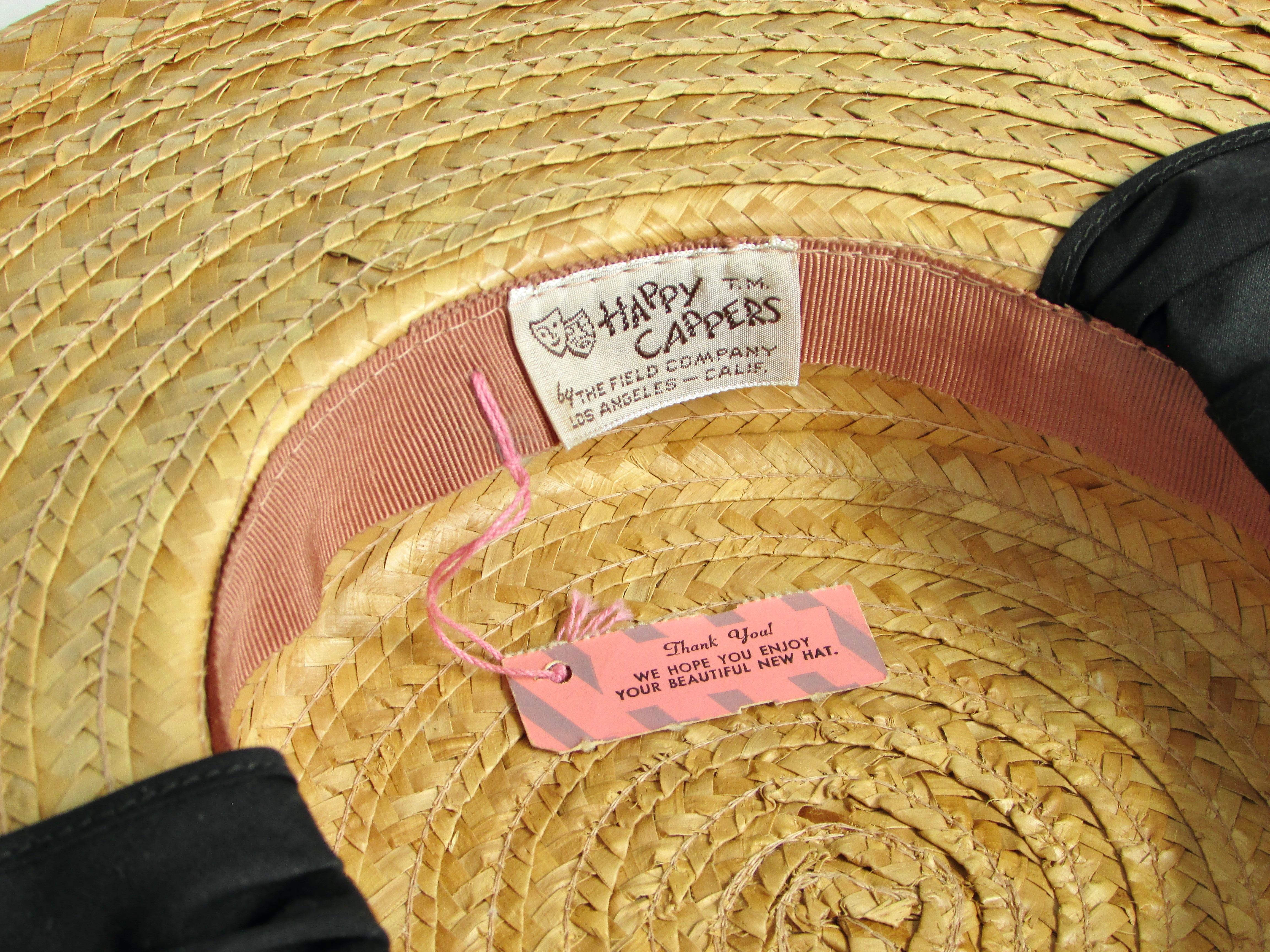 20th Century Ladies Happy Capper Straw Hat Field Co. Los Angeles Never Worn with String Tag For Sale