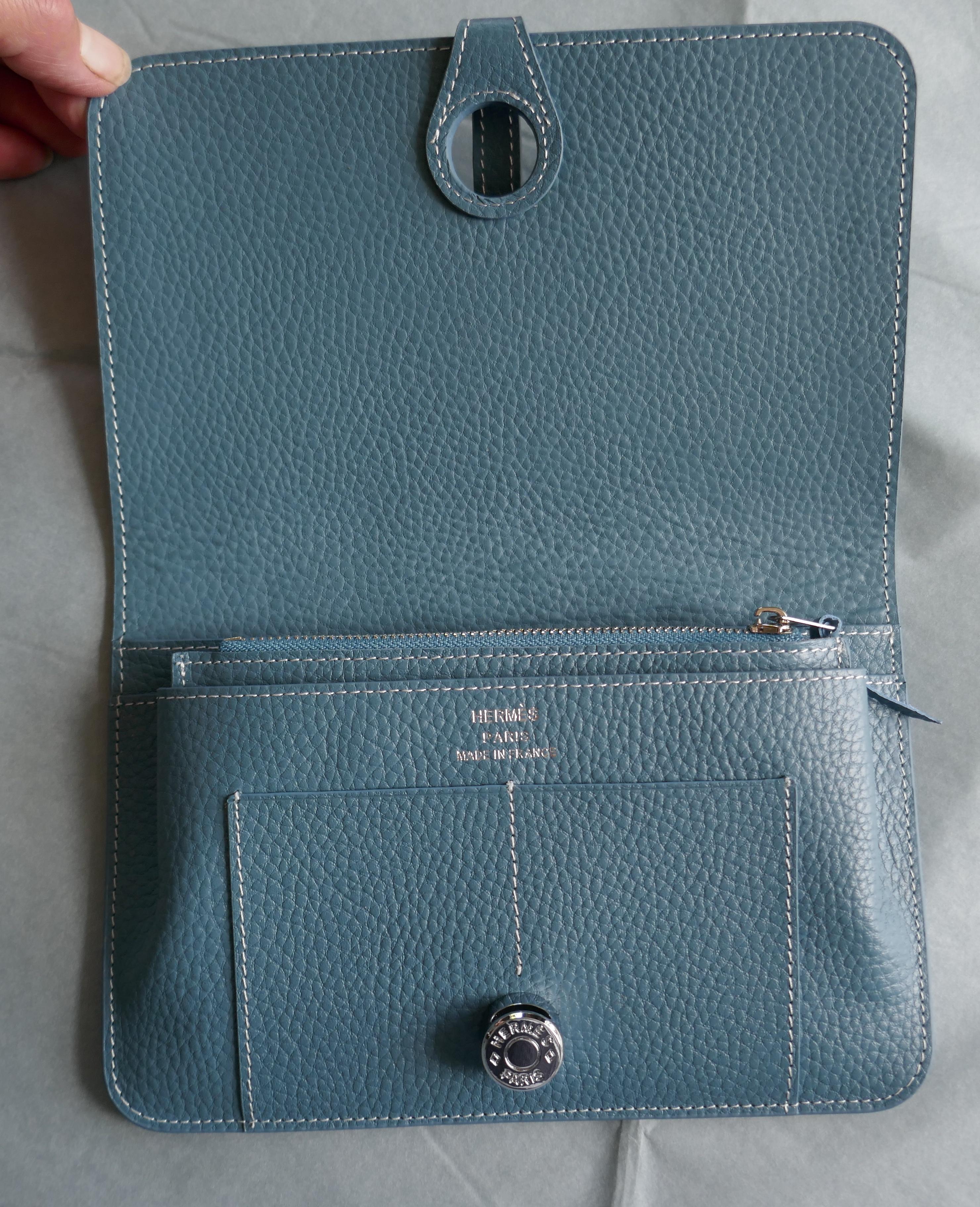 Women's Ladies Hermes Paris Blue/ Grey Togo Calfskin Dogon Duo Wallet with Purse