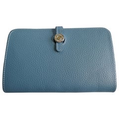 Damen Hermes Paris Blau / Grau Togo Kalbsleder Dogon Duo Brieftasche mit Geldbeutel