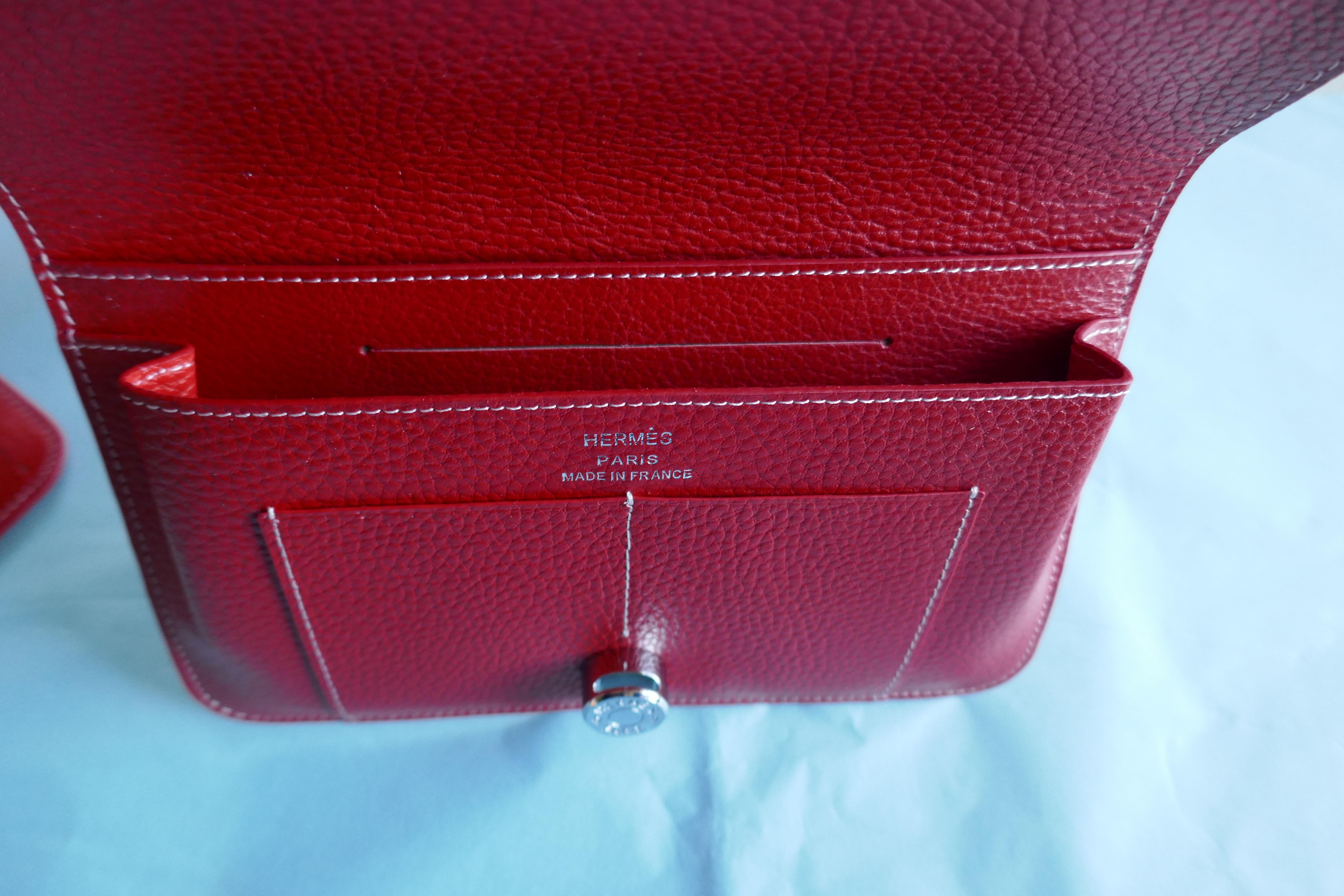 Women's Ladies Hermes Paris Red Togo Calfskin Dogon Duo Wallet with Purse