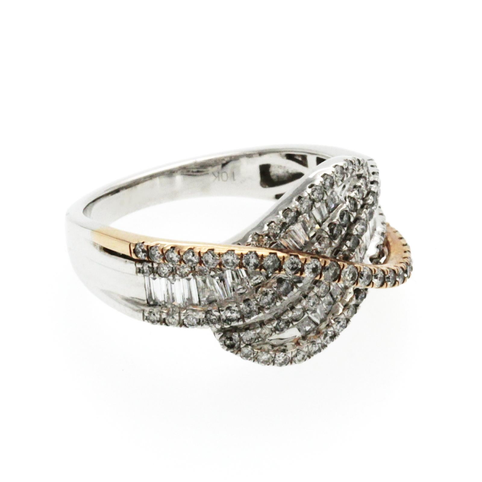Round Cut Ladies IKS 10K White & Rose Gold 1.03 CT Diamond Cocktail Band Ring For Sale