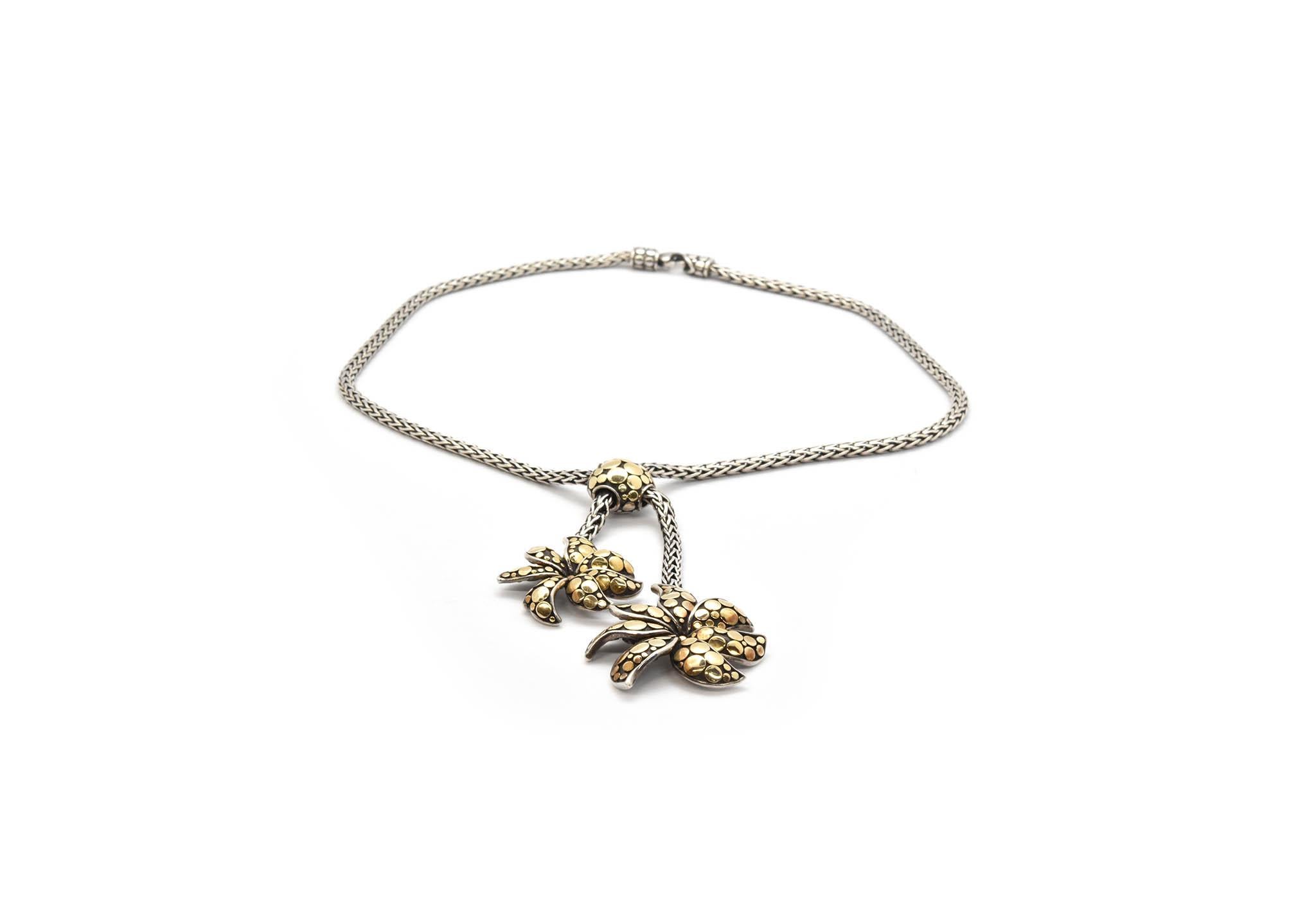 Ladies John Hardy Sterling Silver 18 Karat Yellow Gold Dot Flower Wheat Necklace In Excellent Condition In Scottsdale, AZ