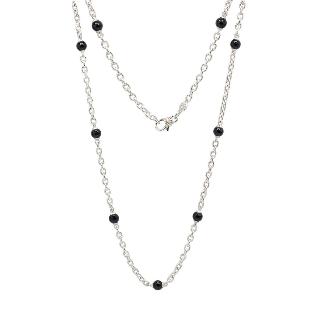 Ladies Judith Ripka 925 Sterling Silver Onyx Bead Link Necklace For Sale