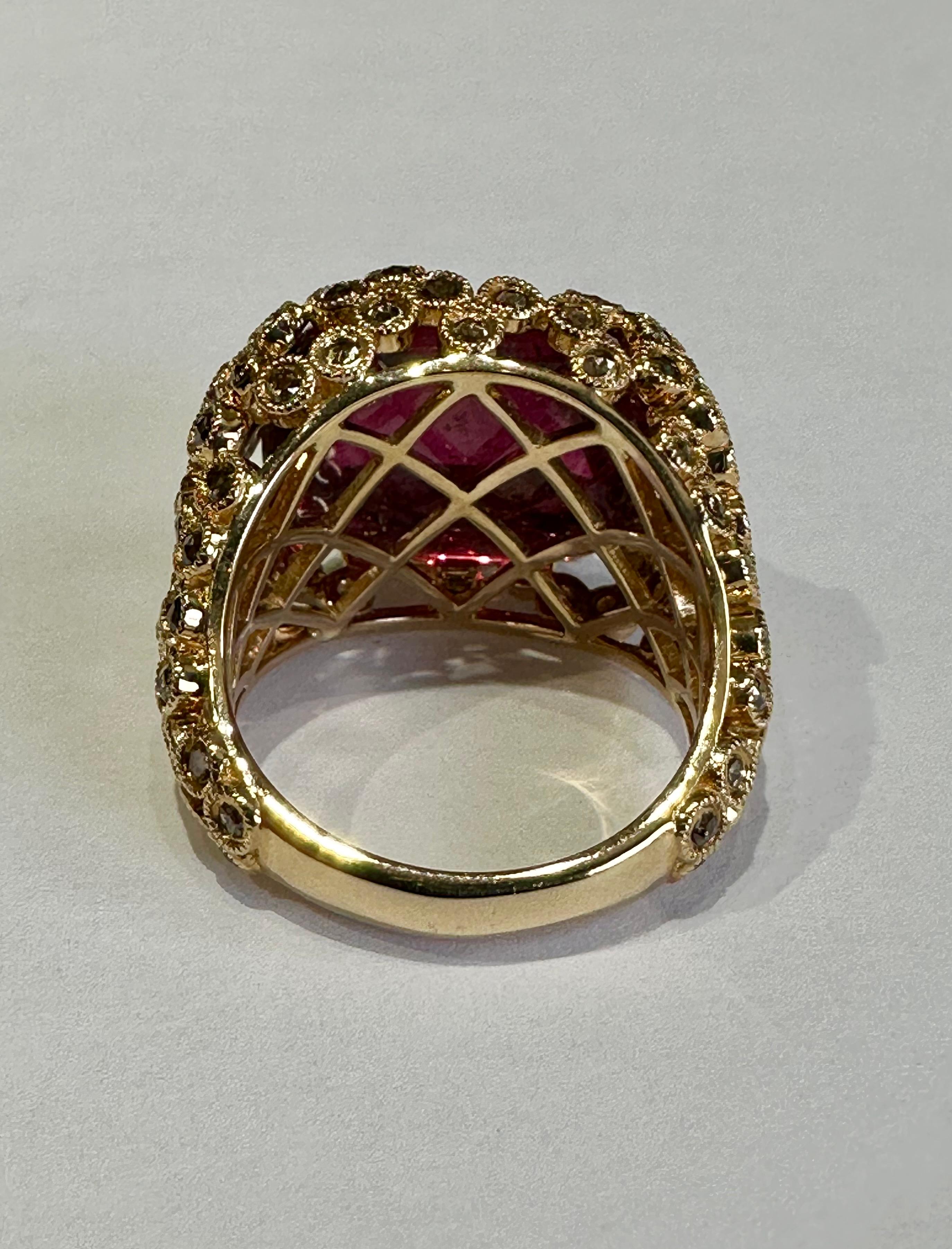 Cabochon Ladies Large Red Sugarloaf Rubellite 18.38 CT & Cognac Diamond  Ring 14K Gold For Sale