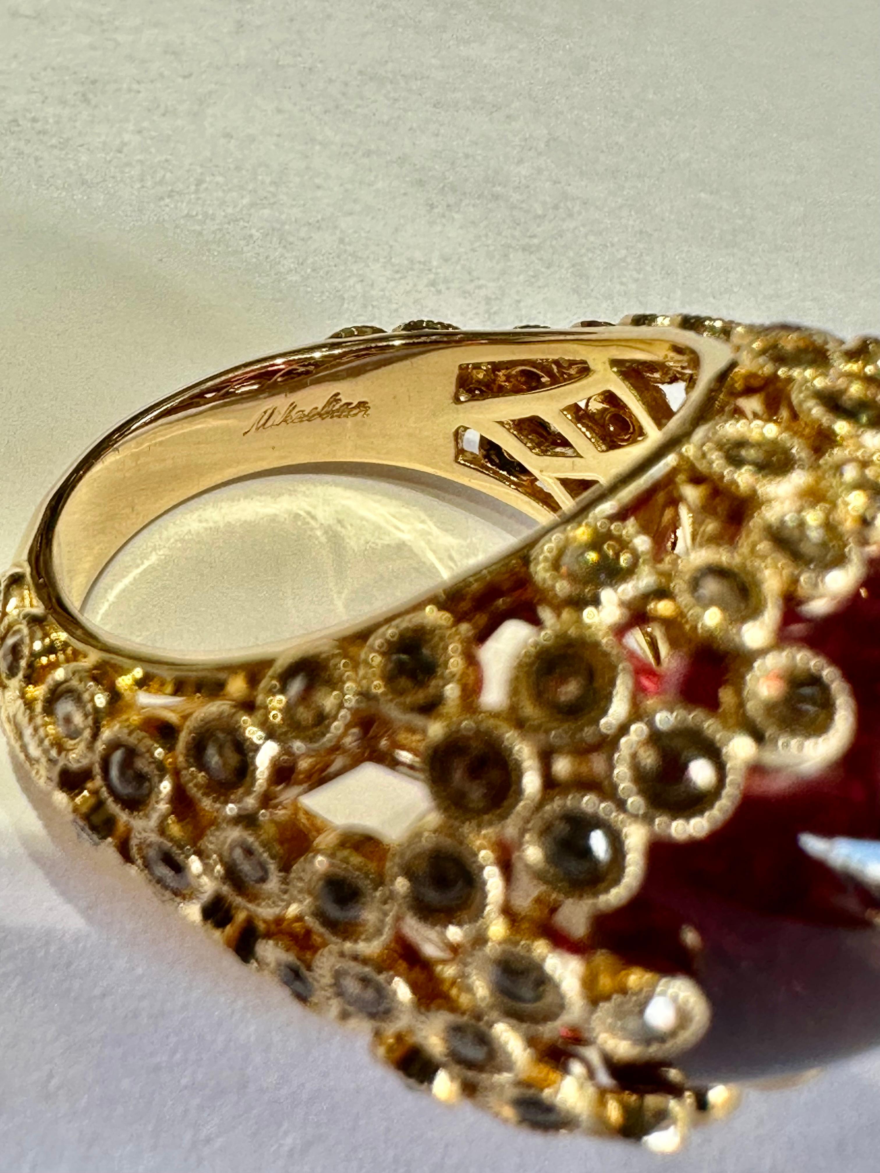 Women's Ladies Large Red Sugarloaf Rubellite 18.38 CT & Cognac Diamond  Ring 14K Gold For Sale