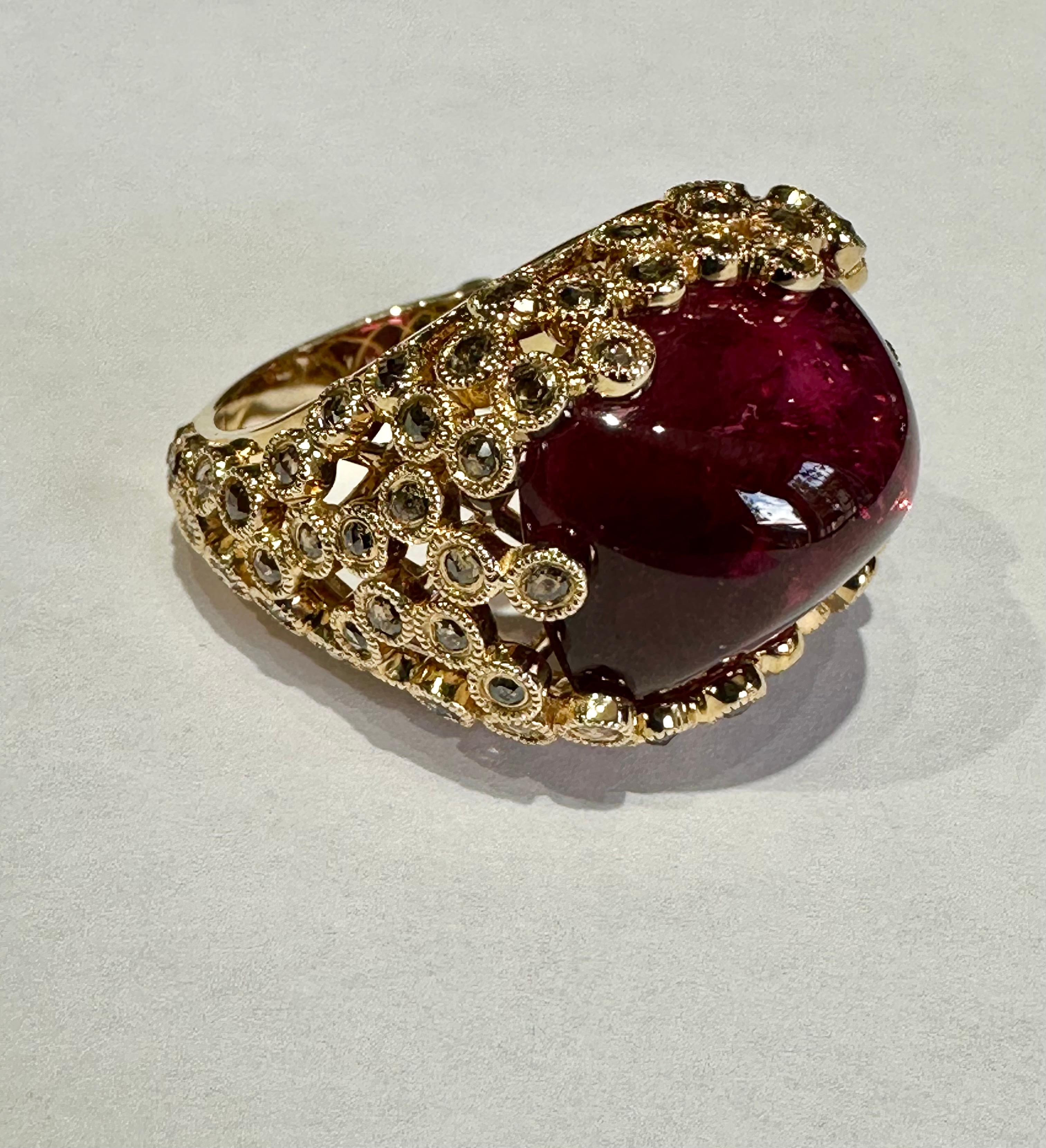 Ladies Large Red Sugarloaf Rubellite 18.38 CT & Cognac Diamond  Ring 14K Gold For Sale 1