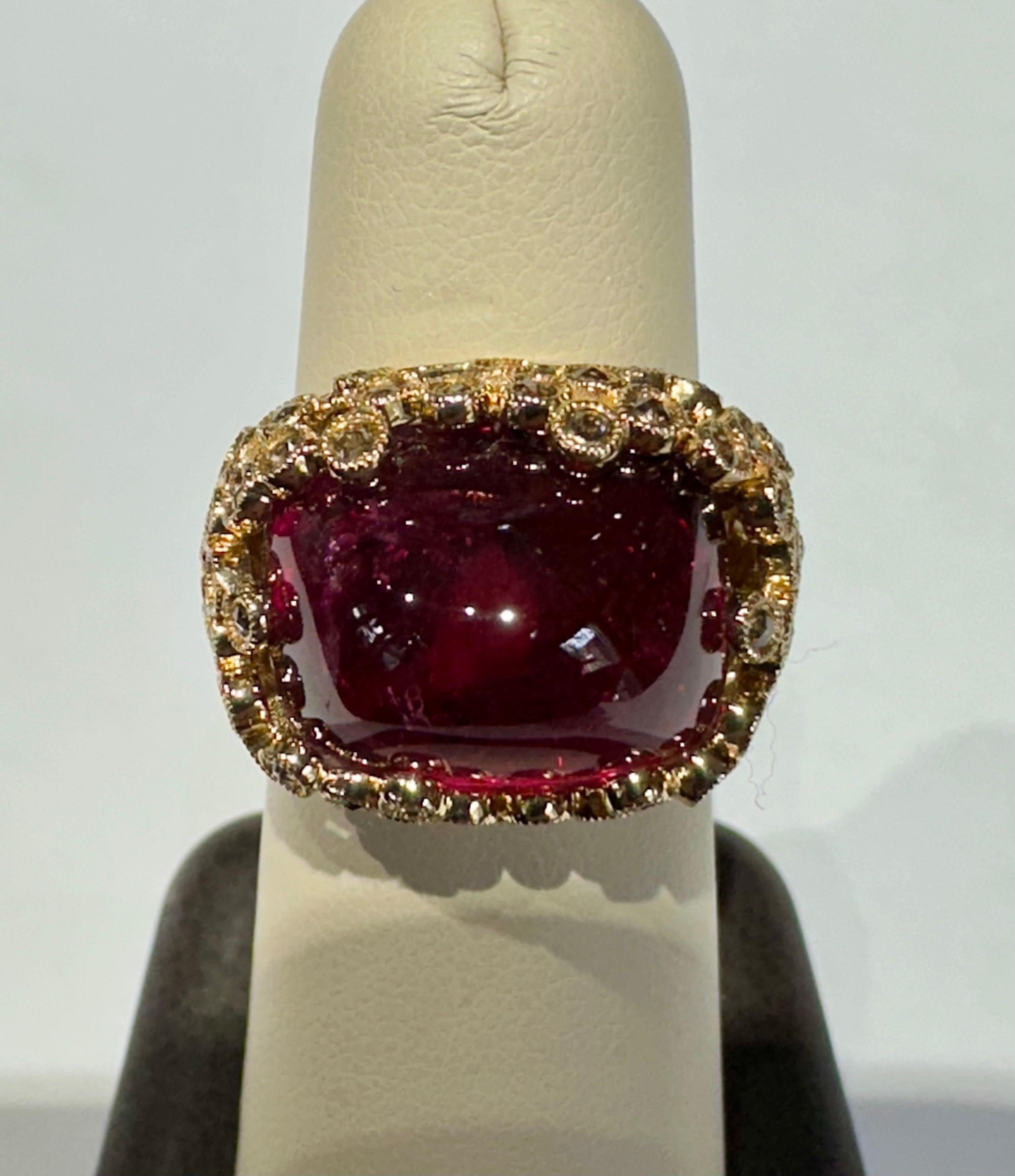 Ladies Large Red Sugarloaf Rubellite 18.38 CT & Cognac Diamond  Ring 14K Gold For Sale 2