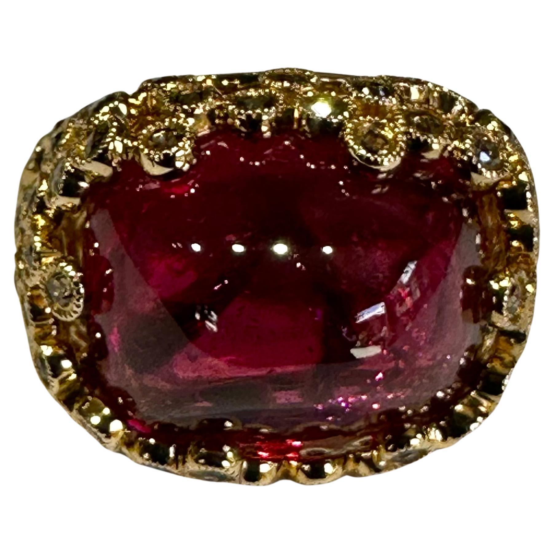 Ladies Large Red Sugarloaf Rubellite 18.38 CT & Cognac Diamond  Ring 14K Gold For Sale