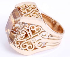 Ladies Large Yellow Gold Ornately Designed Topaz Ring