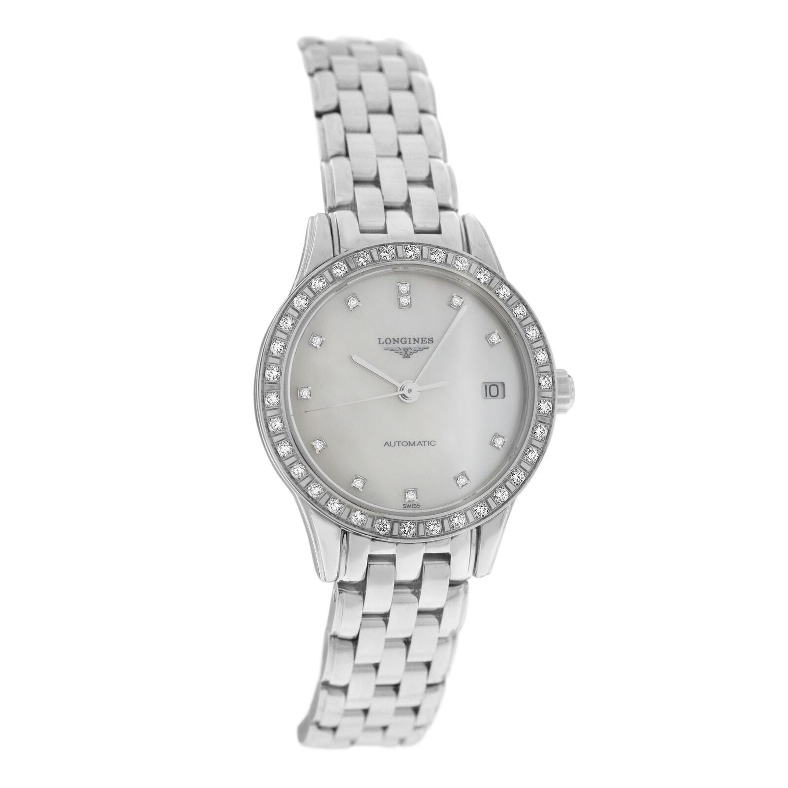 Brand	Longines
Model	Flagship L42740876 or L4.274.0.87.6
Gender	Ladies
Condition	New
Movement	Swiss Automatic
Case Material	Stainless Steel & Diamond Bezel
Bracelet / Strap Material	Stainless Steel
Clasp / Buckle Material	Stainless Steel
Clasp
