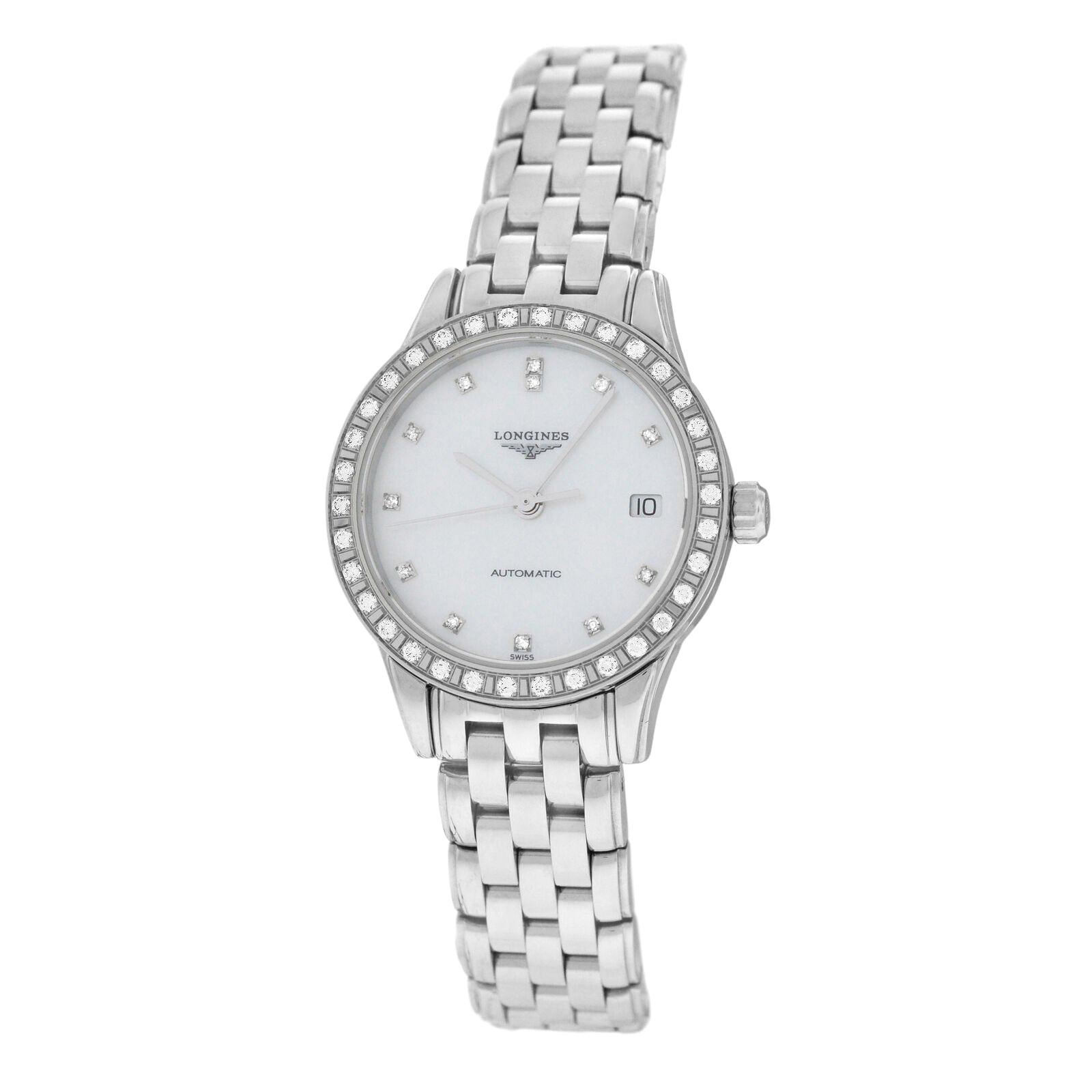 Ladies Longines Flagship L42740876 Steel Watch Diamond Mother of Pearl Automatic For Sale