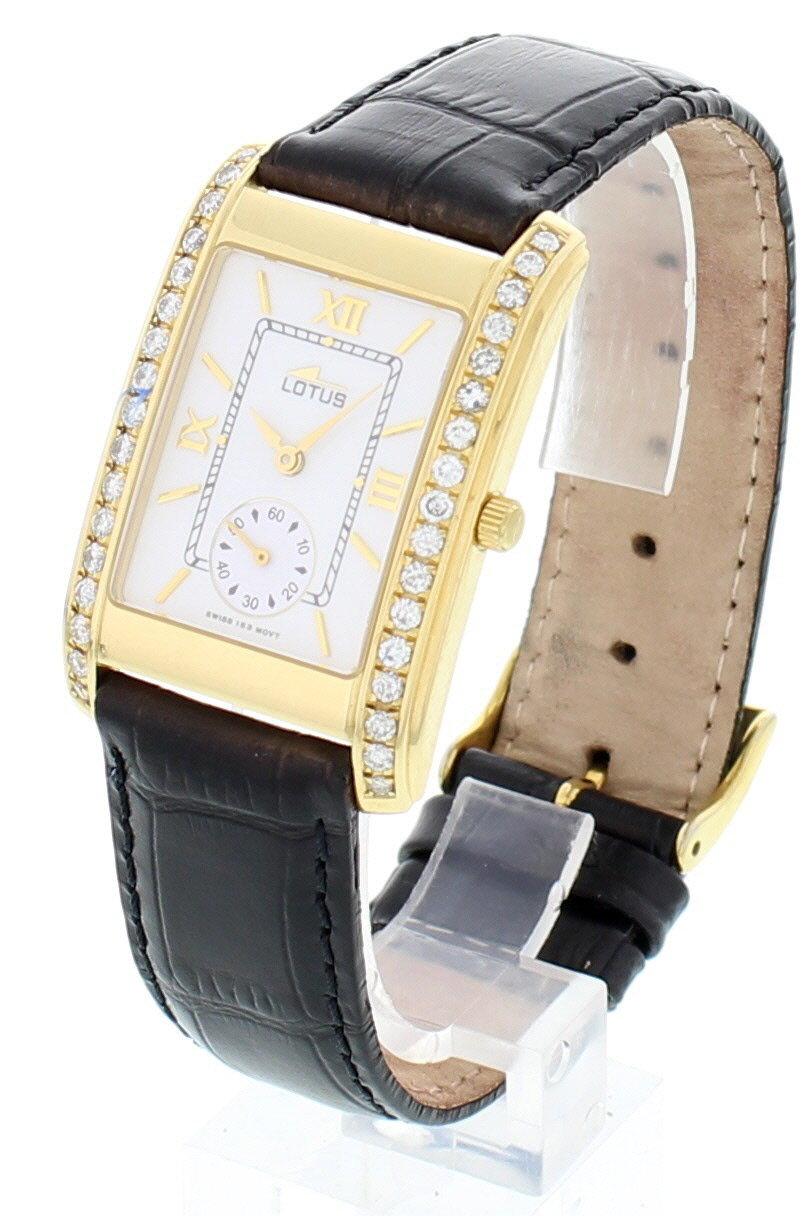 Ladies lotus watch. 18k yellow gold 26 mm case with diamonds. Yellow gold bezel. White dial with yellow gold hands and Roman numerals. Black leather adjustable band with buckle clasp. Quartz battery movement. Sapphire crystal
