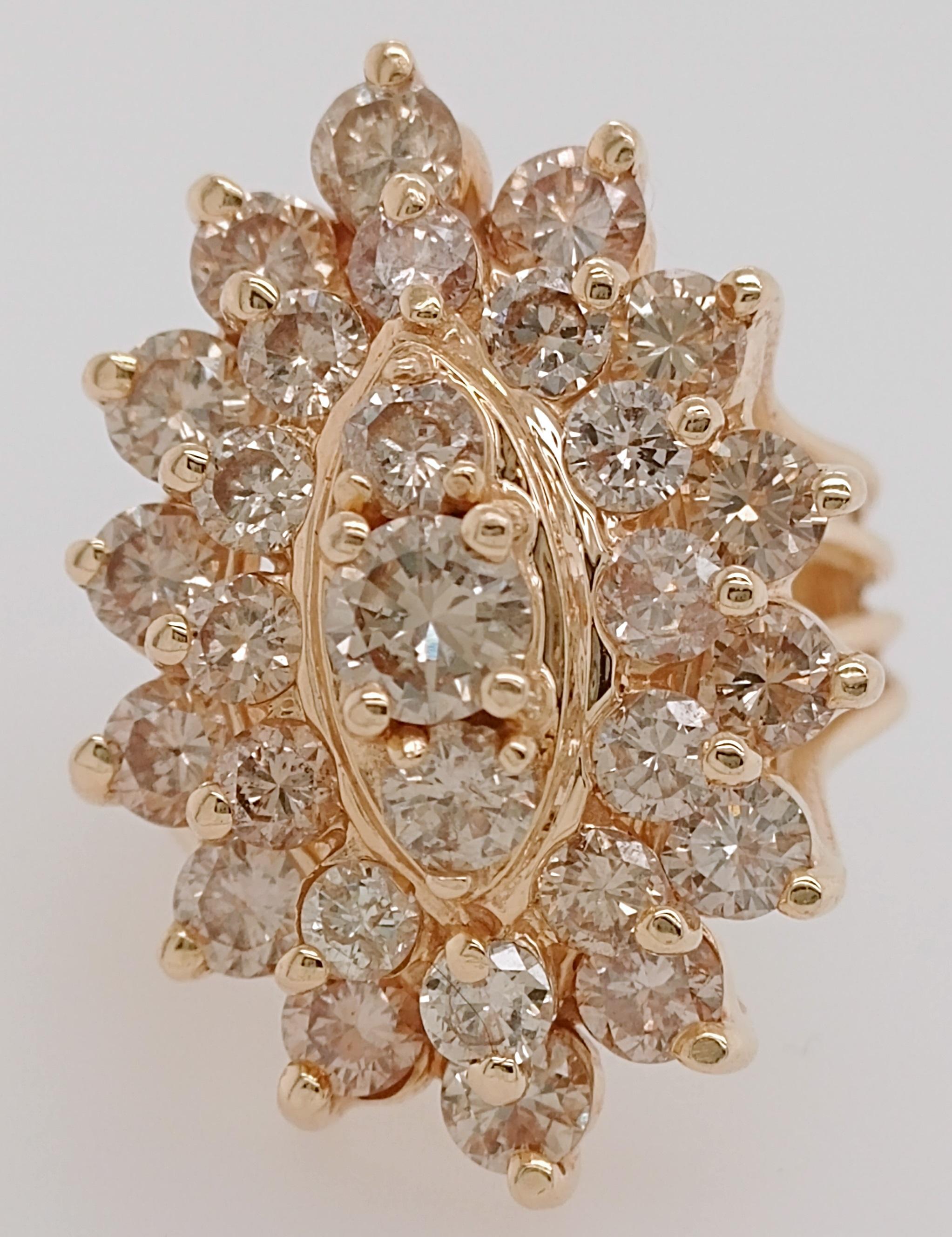 Modern Ladies Marquise Shaped Round Diamonds Cluster Fashion Ring 14 Karat Yellow Gold