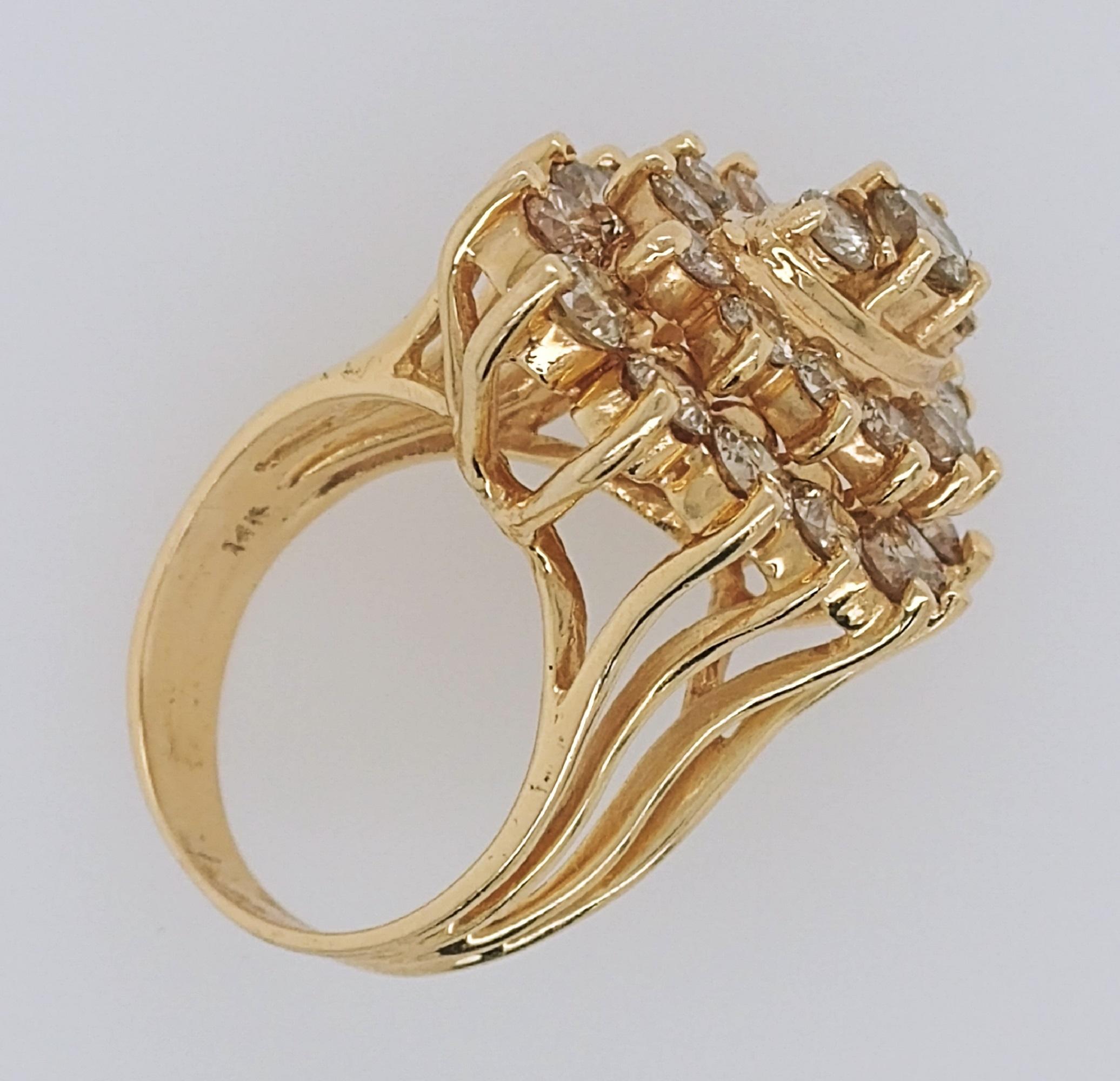 Round Cut Ladies Marquise Shaped Round Diamonds Cluster Fashion Ring 14 Karat Yellow Gold