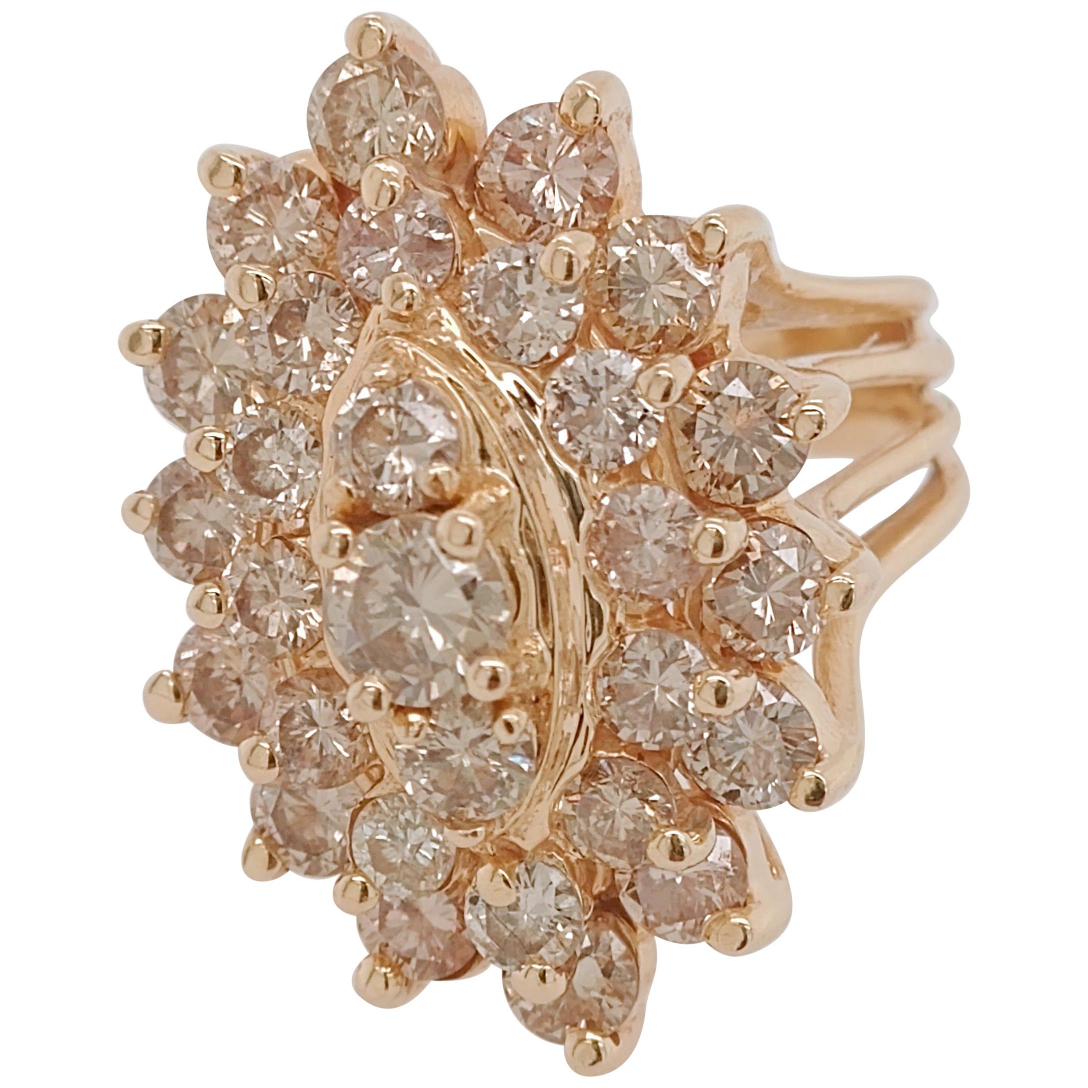 Ladies Marquise Shaped Round Diamonds Cluster Fashion Ring 14 Karat Yellow Gold