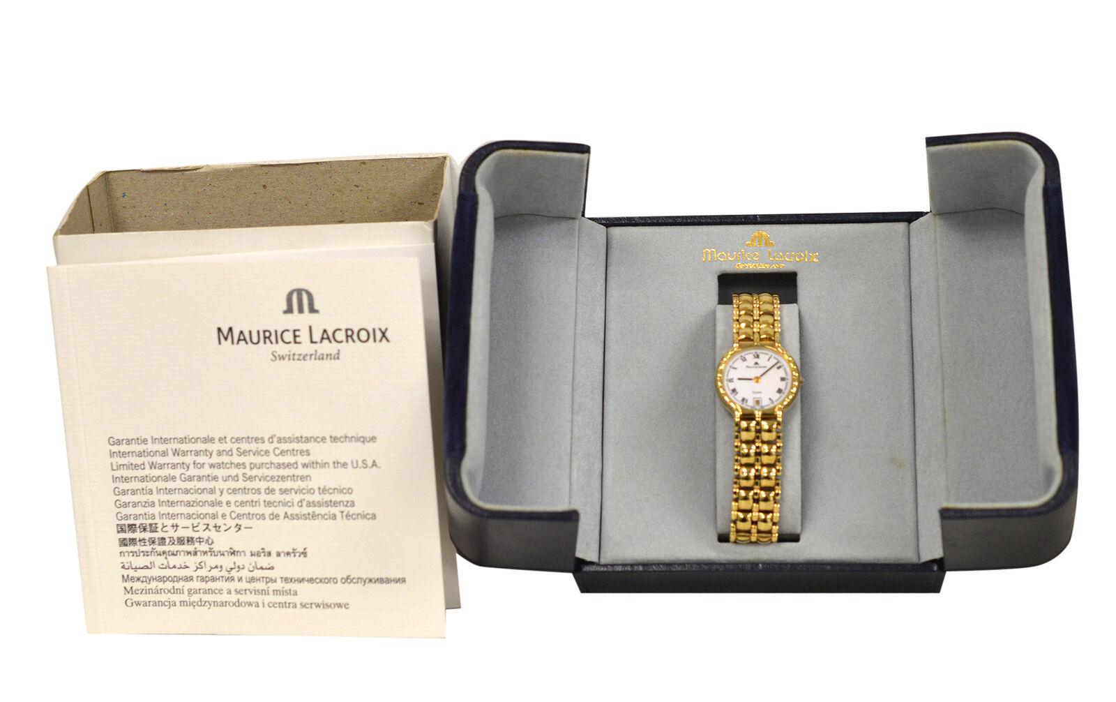 Brand	Maurice Lacroix
Model	78950
Gender	Ladies'
Condition	New Old Stock Store display
Movement	Swiss Quartz
Case Material	Gold Electroplated Stainless Steel
Bracelet / Strap Material	
Gold Electroplated Stainless Steel

Clasp / Buckle