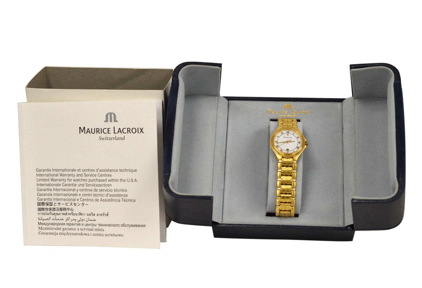 Brand	Maurice Lacroix
Model	79514
Gender	Ladies'
Condition	New Old Stock Store display
Movement	Swiss Quartz
Case Material	Gold Electroplated Stainless Steel
Bracelet / Strap Material	
Gold Electroplated Stainless Steel

Clasp / Buckle