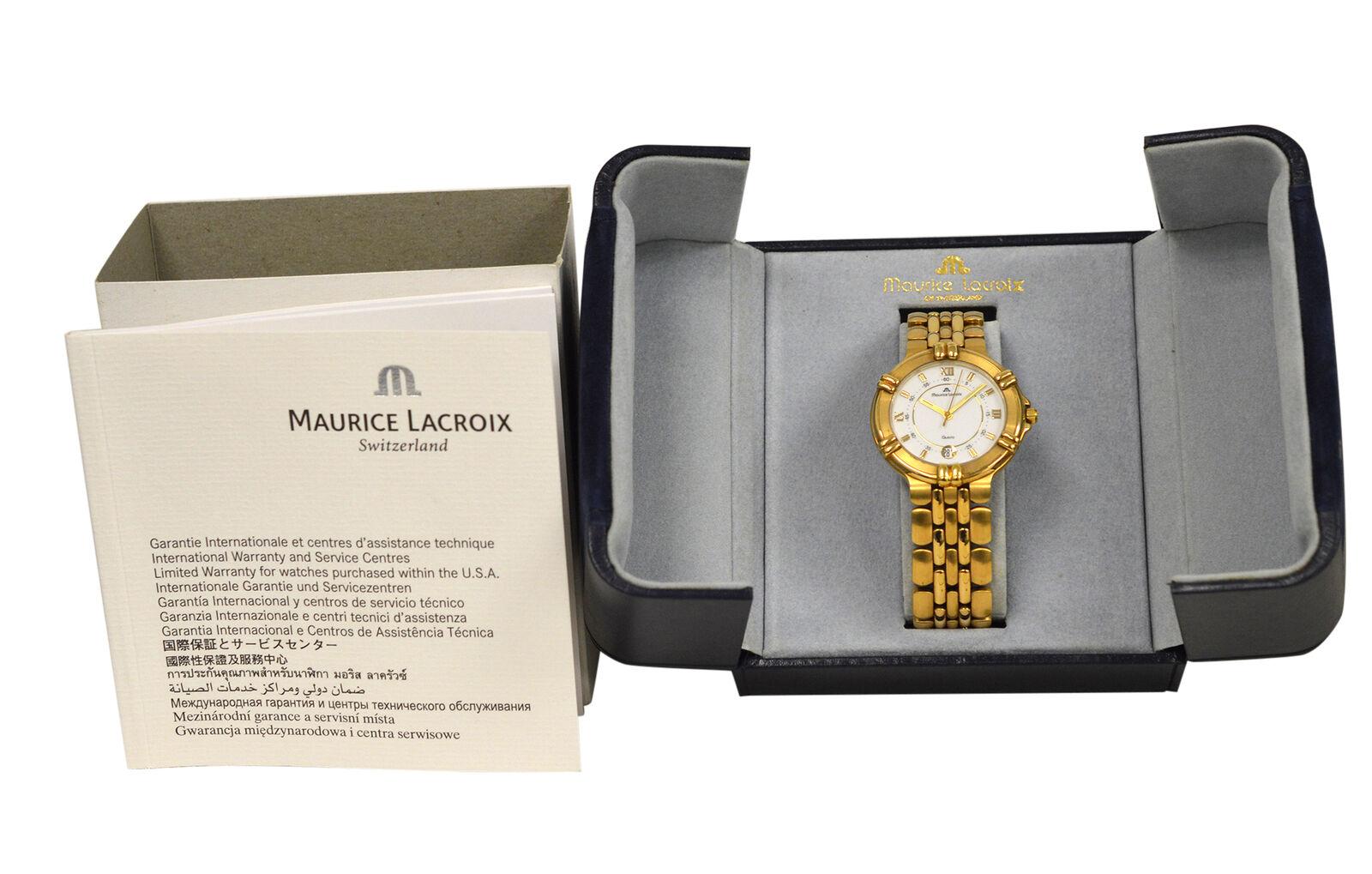 Brand	Maurice Lacroix
Model	Calypso 95375
Gender	Ladies'
Condition	New Old Stock Store display
Movement	Swiss Quartz
Case Material	Gold Electroplated Stainless Steel
Bracelet / Strap Material	
Gold Electroplated Stainless Steel

Clasp / Buckle