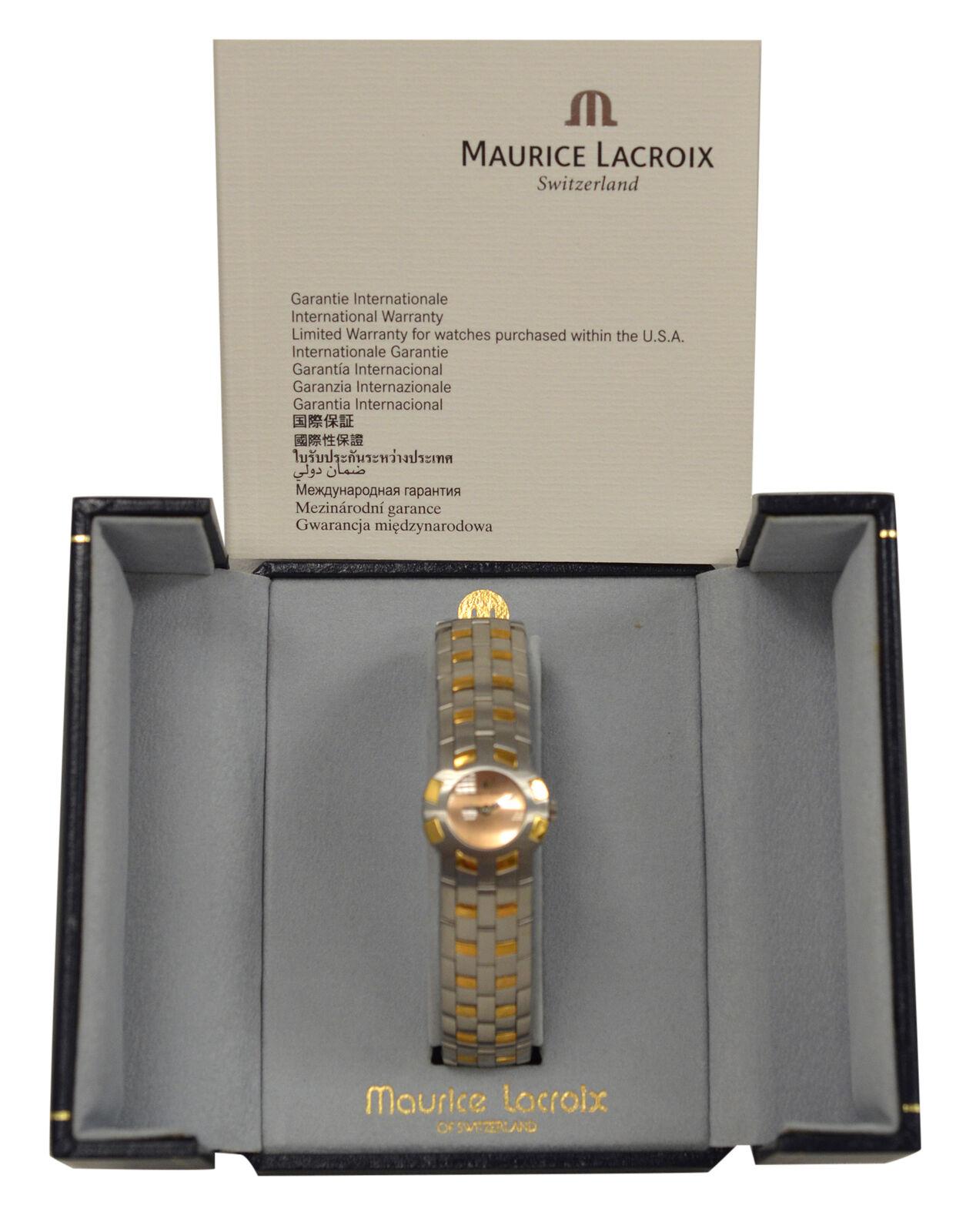 Brand	Maurice Lacroix
Model	Milestone 59858
Gender	Ladies'
Condition	New Old Stock Store display
Movement	Swiss Quartz
Case Material	Gold Electroplated Stainless Steel
Bracelet / Strap Material	
Gold Electroplated Stainless Steel

Clasp / Buckle
