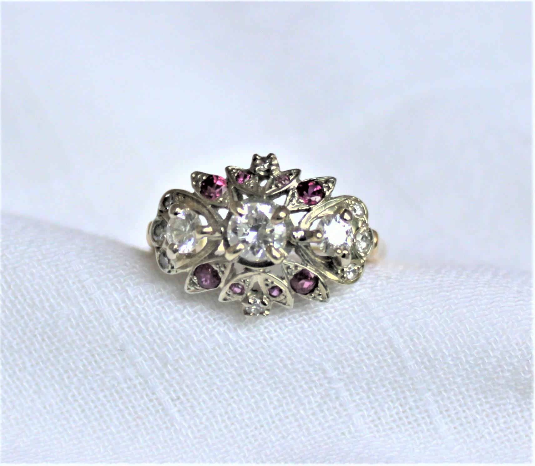 Ladies Midcentury 14-Karat Yellow Gold Cluster Ring with Diamonds & Rubies 4