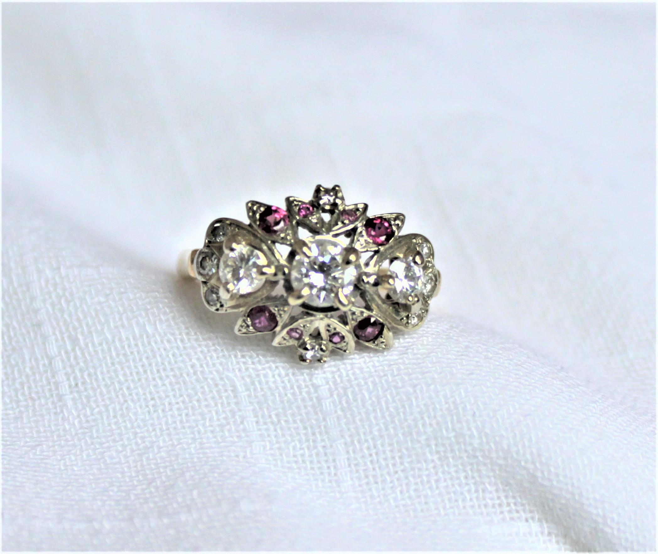 Mid-Century Modern Ladies Midcentury 14-Karat Yellow Gold Cluster Ring with Diamonds & Rubies