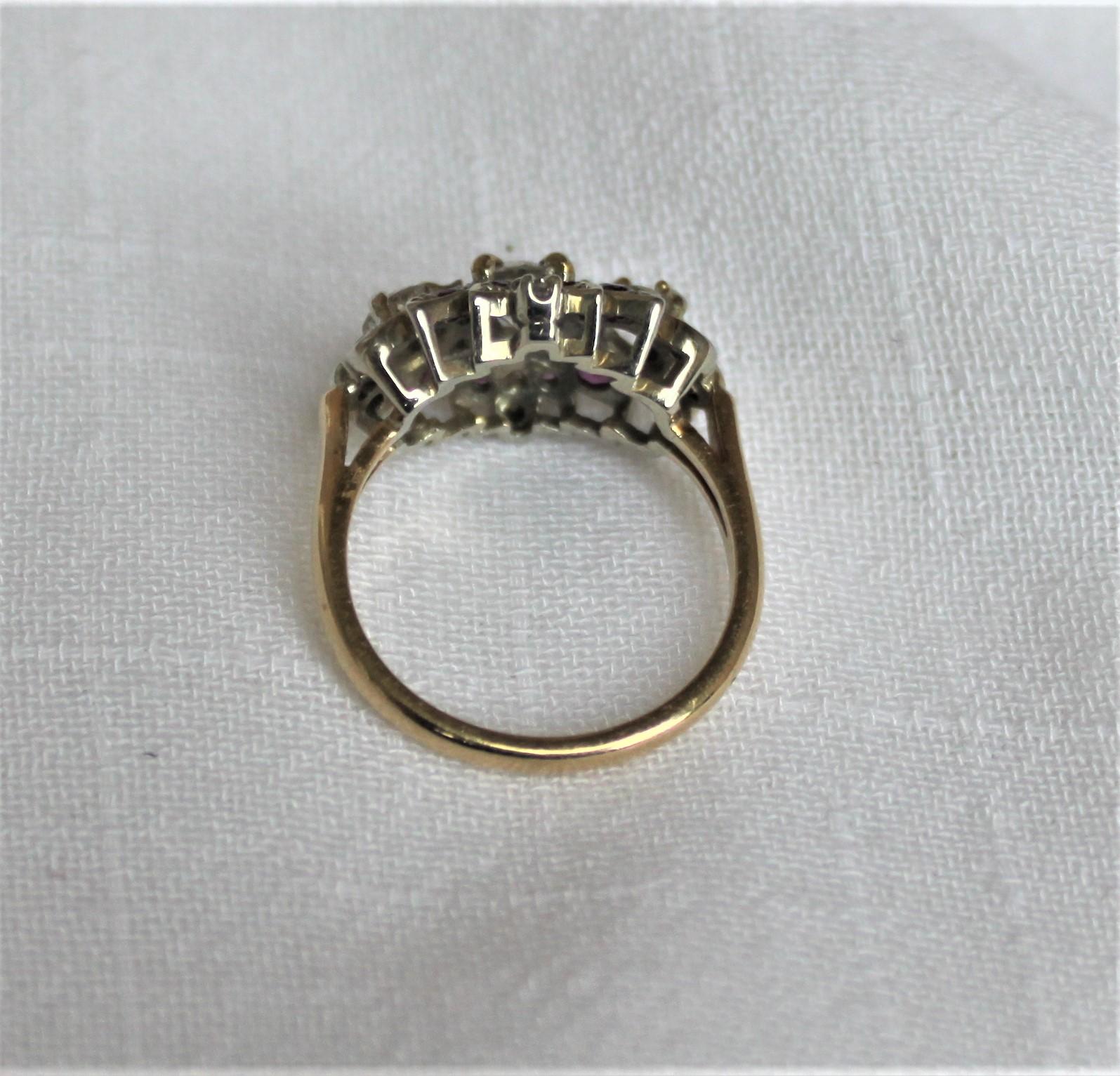 Ladies Midcentury 14-Karat Yellow Gold Cluster Ring with Diamonds & Rubies 2