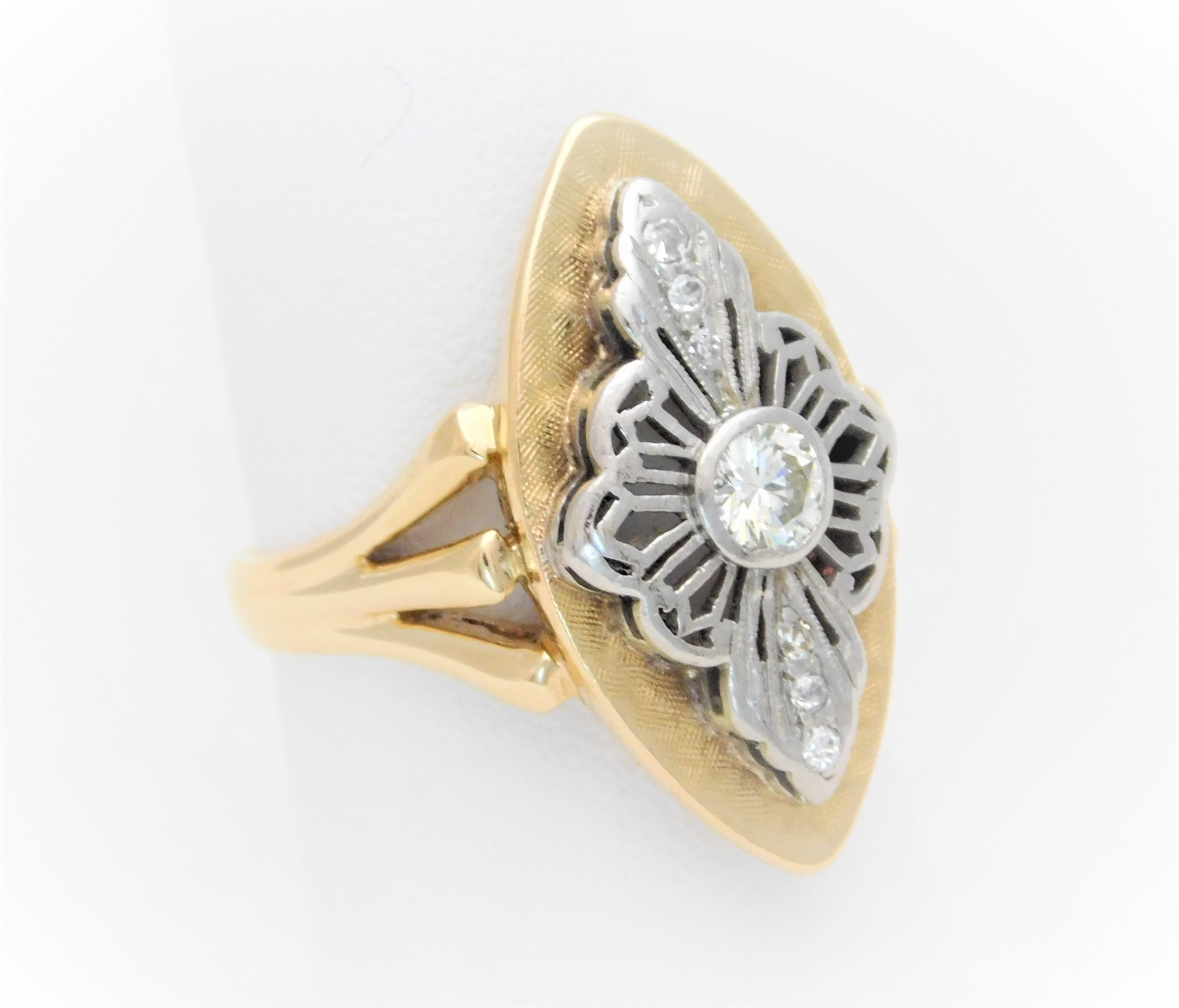 Ladies Midcentury Two-Tone Diamond Shield Ring For Sale 4