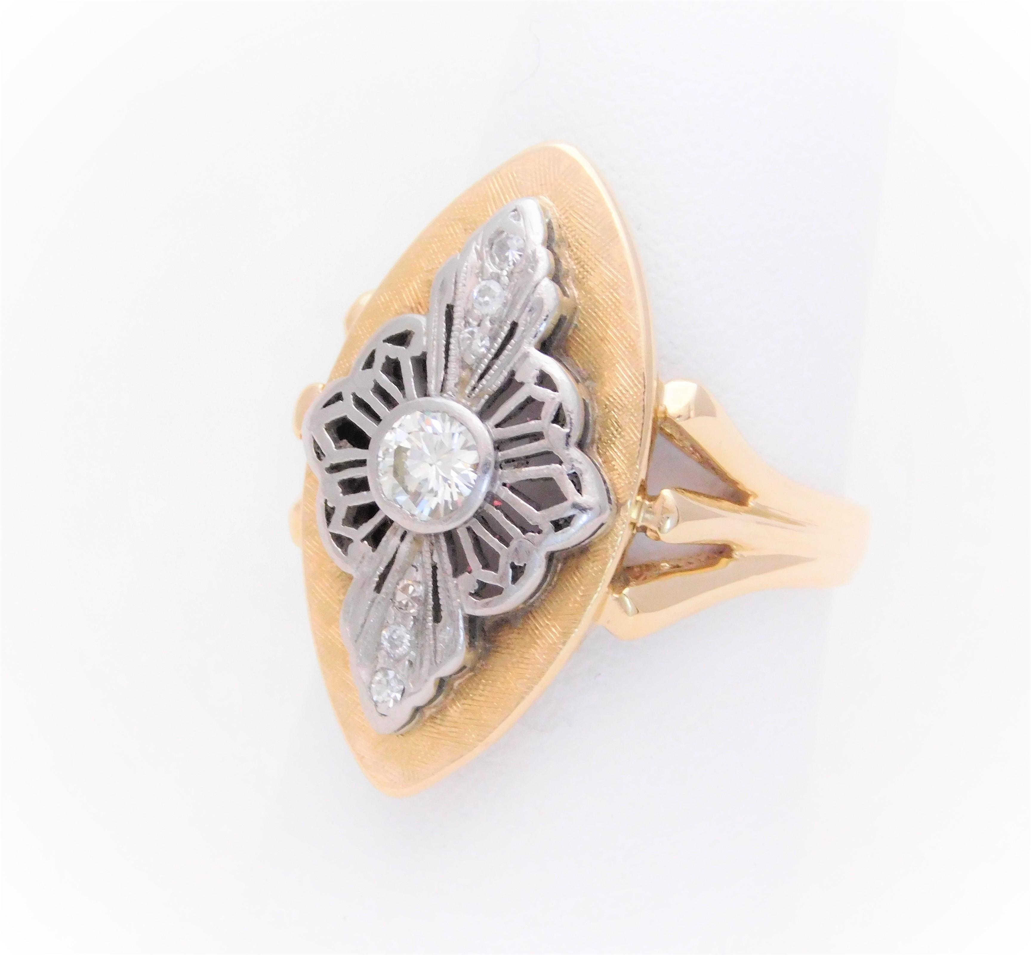 Ladies Midcentury Two-Tone Diamond Shield Ring For Sale 5