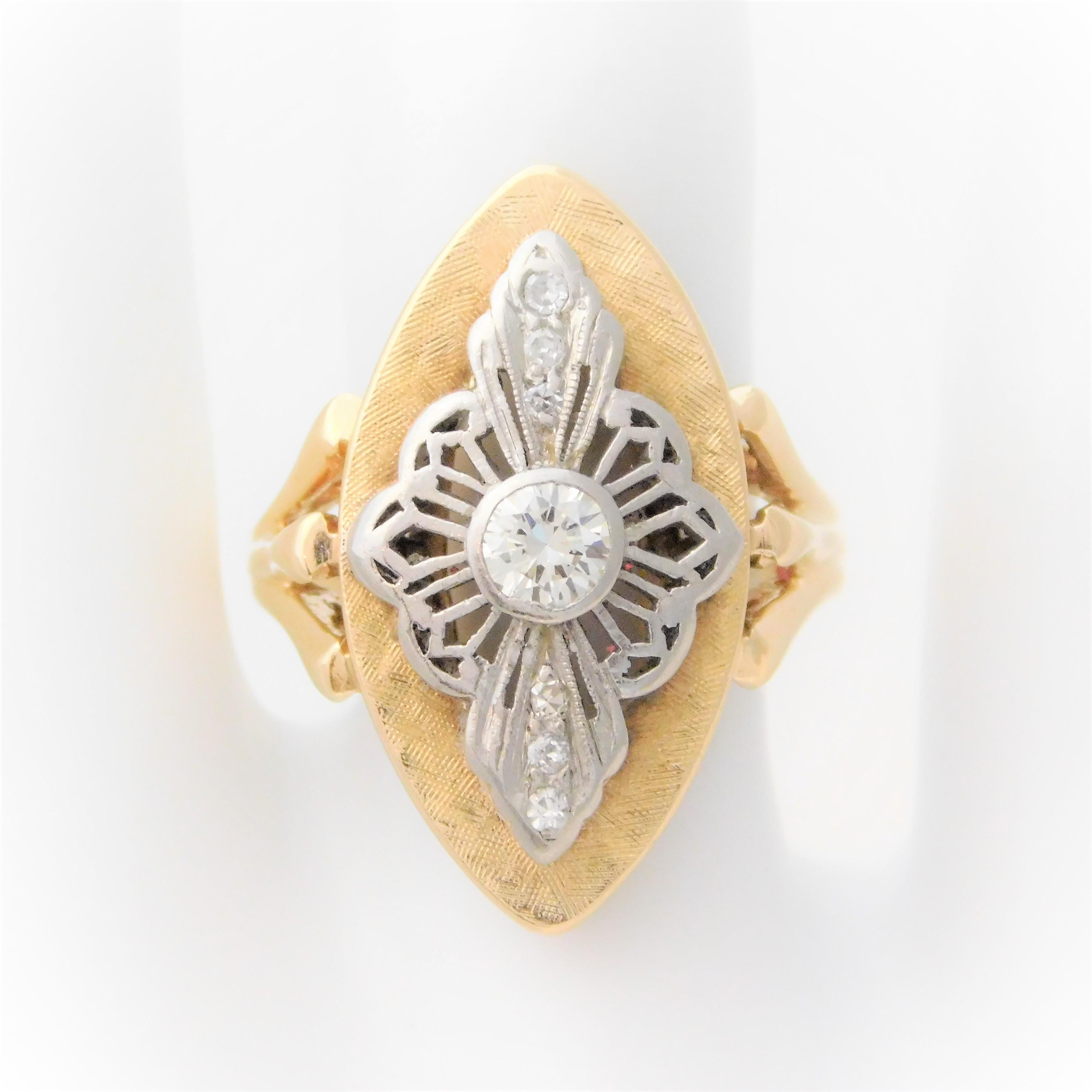 Ladies Midcentury Two-Tone Diamond Shield Ring For Sale 6