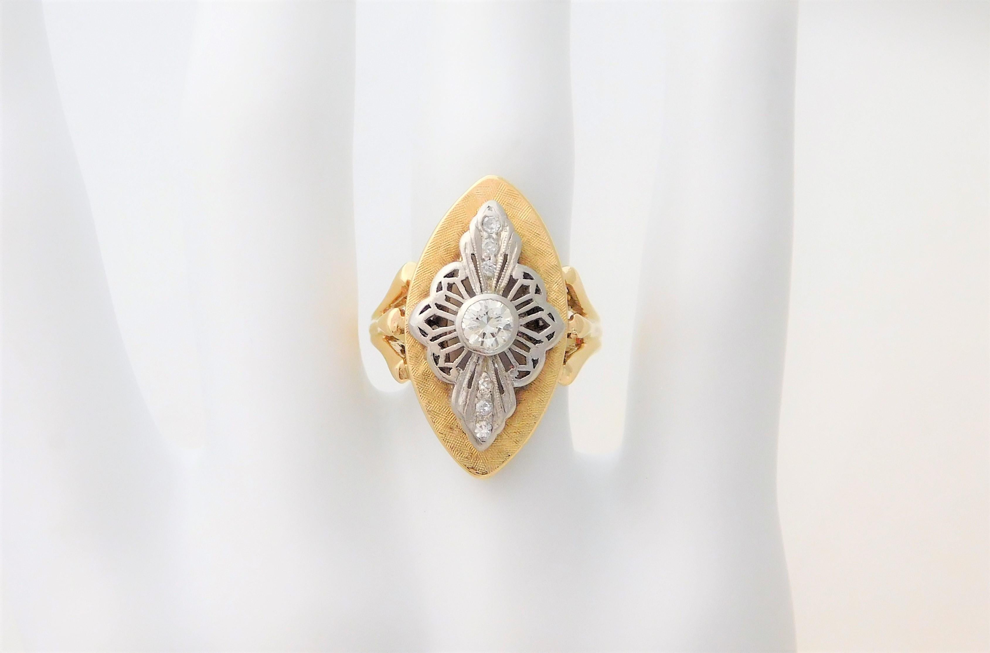 Ladies Midcentury Two-Tone Diamond Shield Ring For Sale 7
