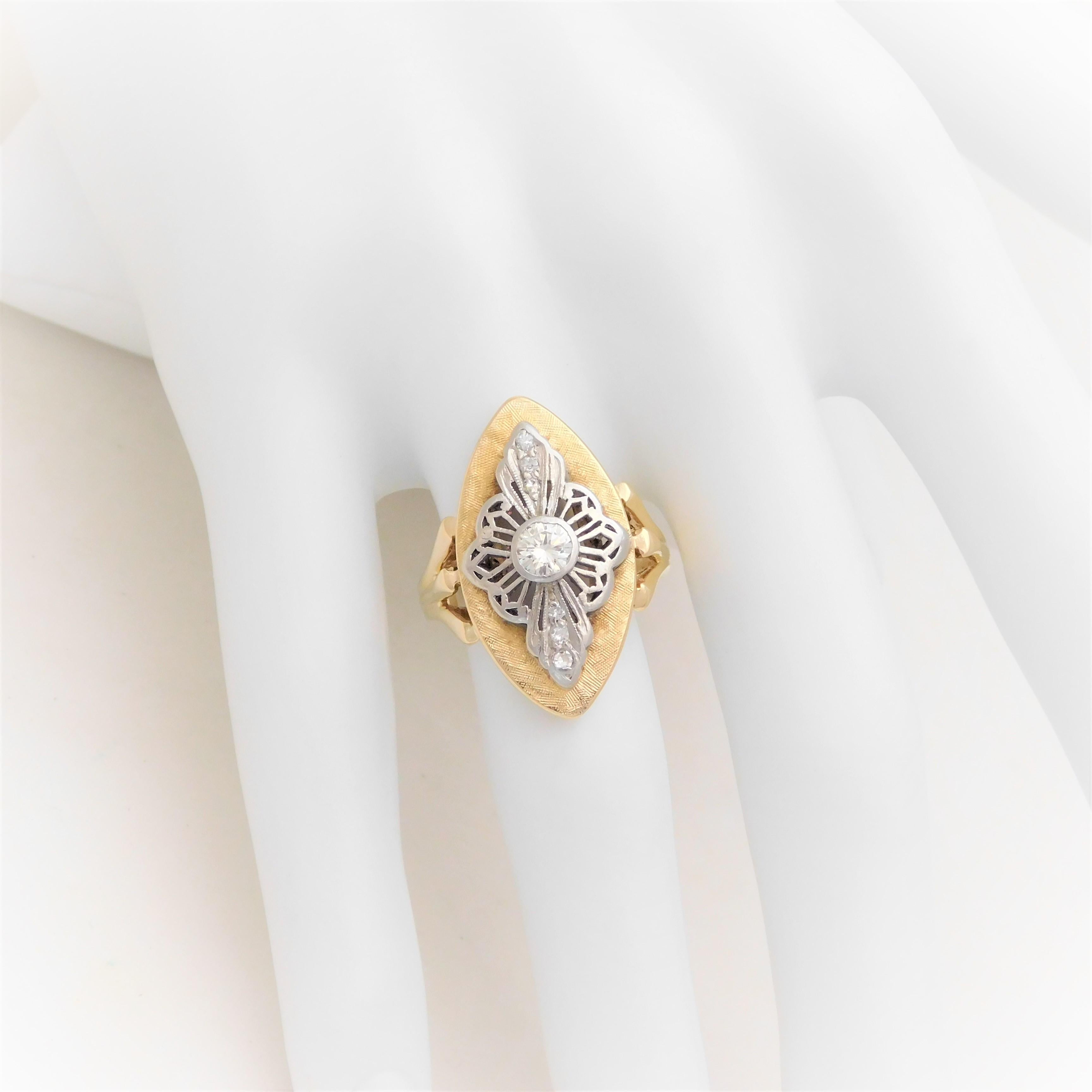Ladies Midcentury Two-Tone Diamond Shield Ring For Sale 8