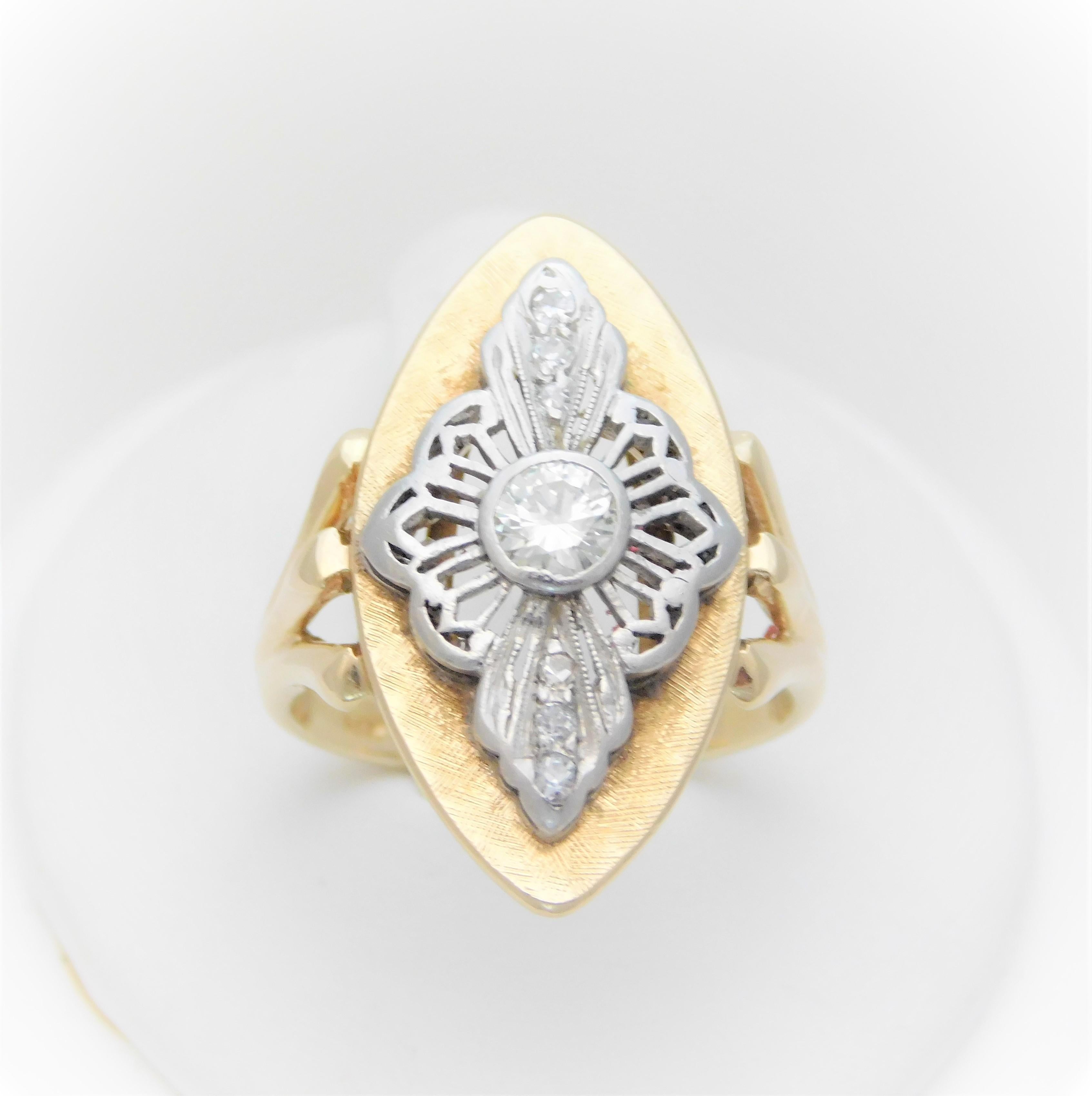Art Deco Ladies Midcentury Two-Tone Diamond Shield Ring For Sale