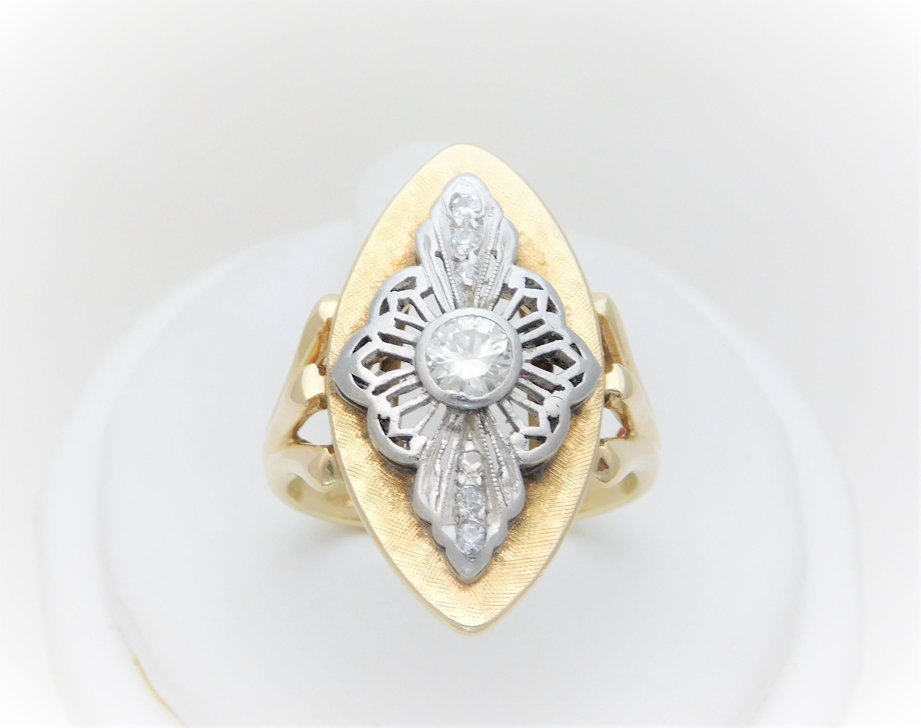 Ladies Midcentury Two-Tone Diamond Shield Ring For Sale 1
