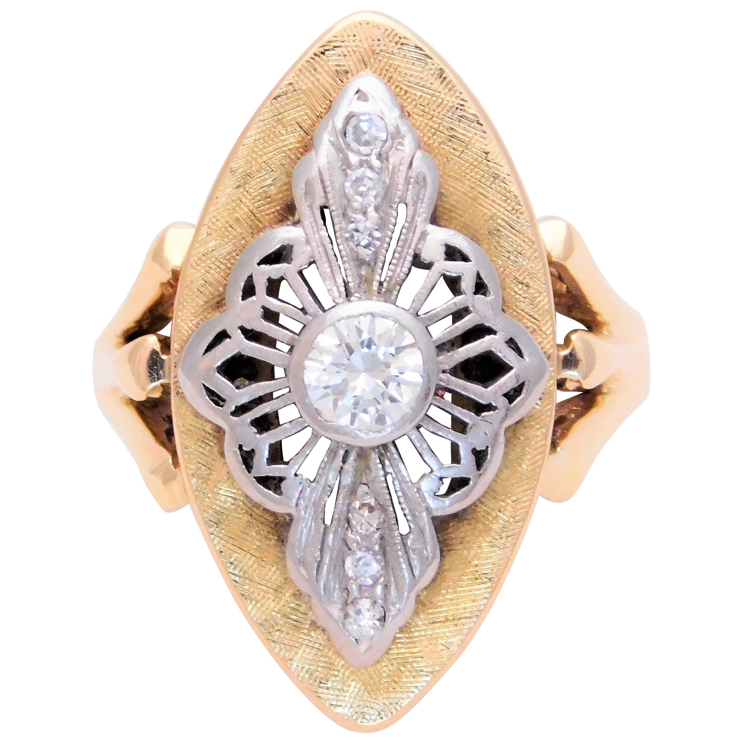 Ladies Midcentury Two-Tone Diamond Shield Ring For Sale