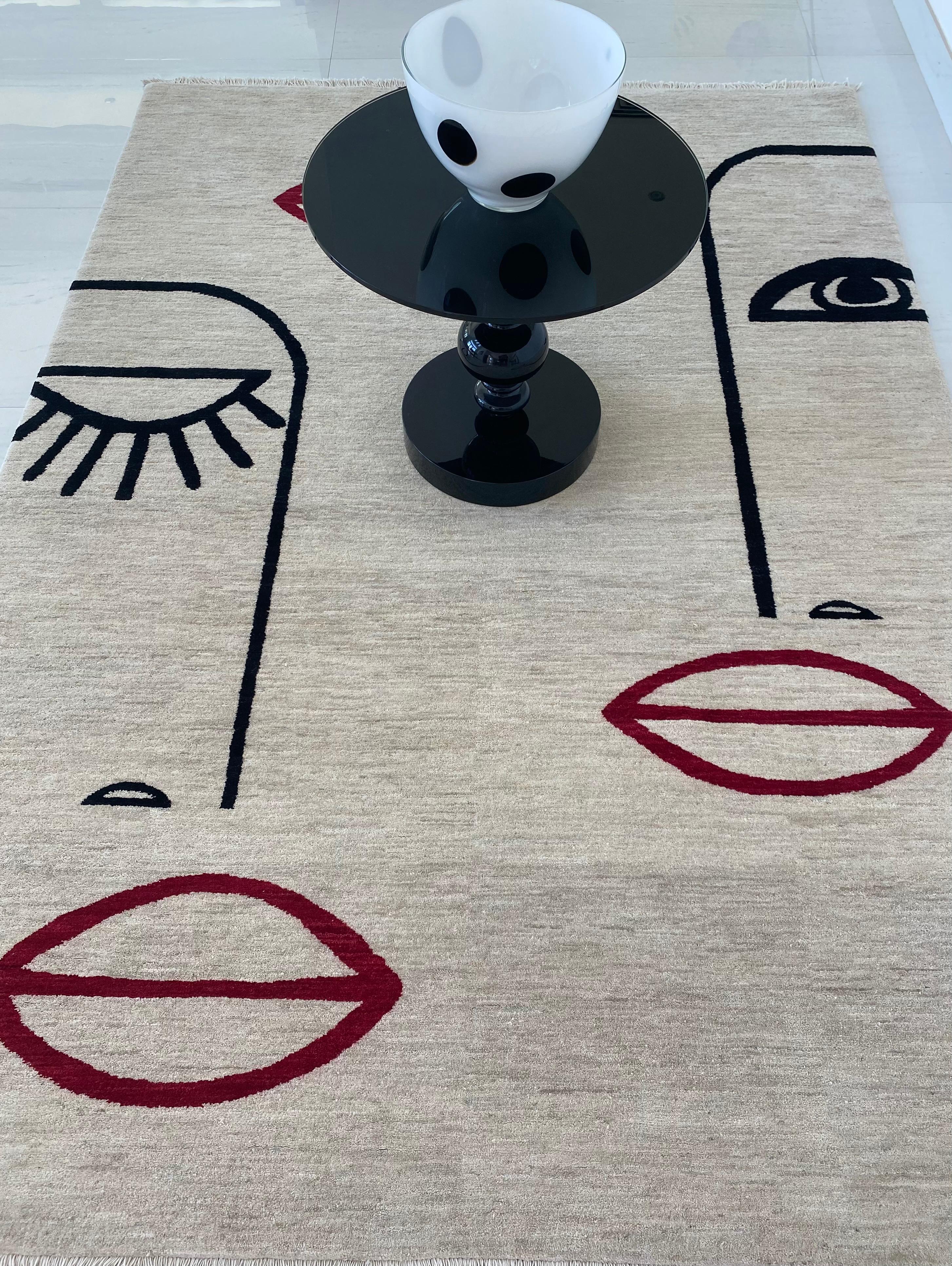 Modern Rug  Ladies - Neutral Beige Afghan Carpet Handknotted Wool  Face Red Lip Black For Sale
